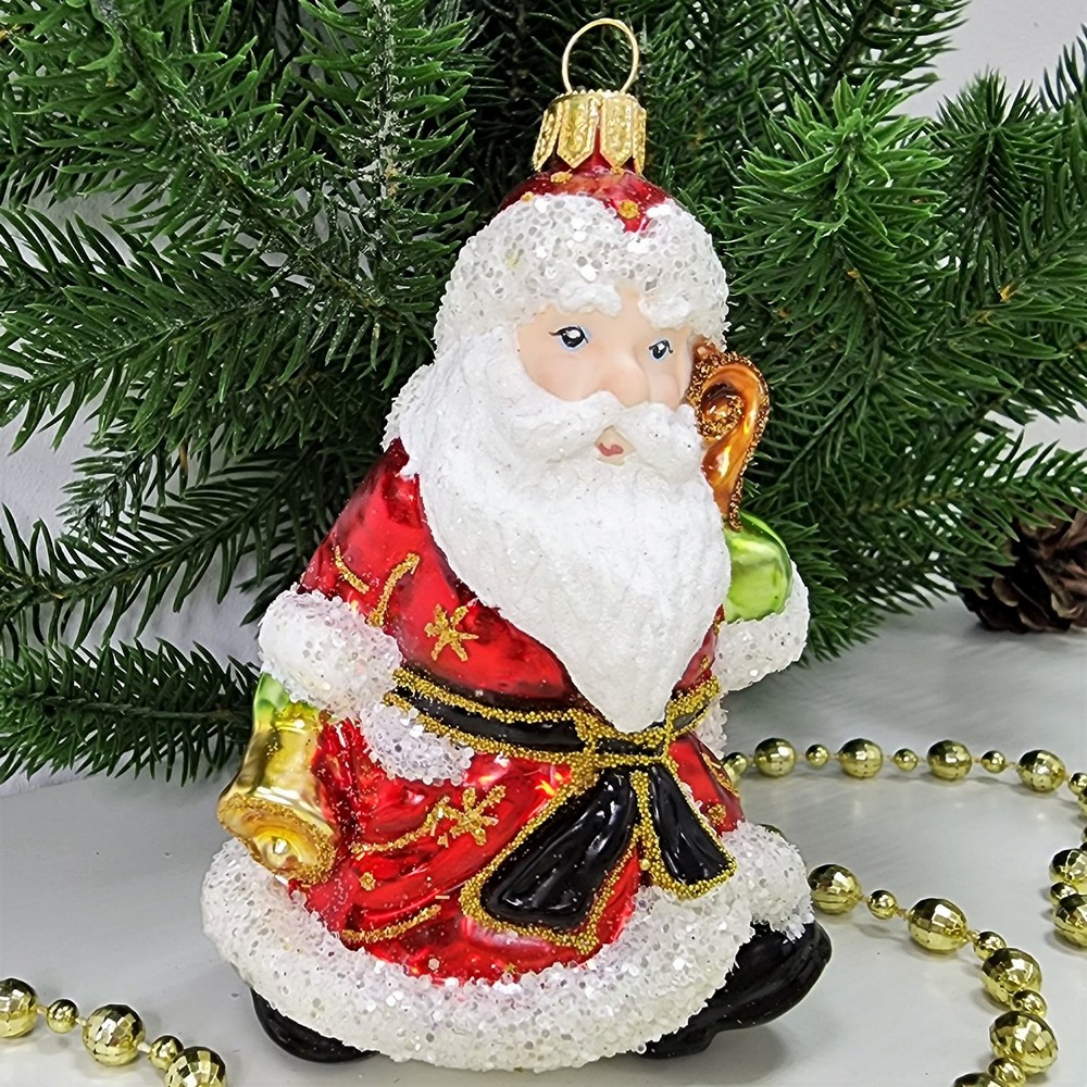 фото Стеклянная елочная игрушка Дед Мороз с колокольчиком