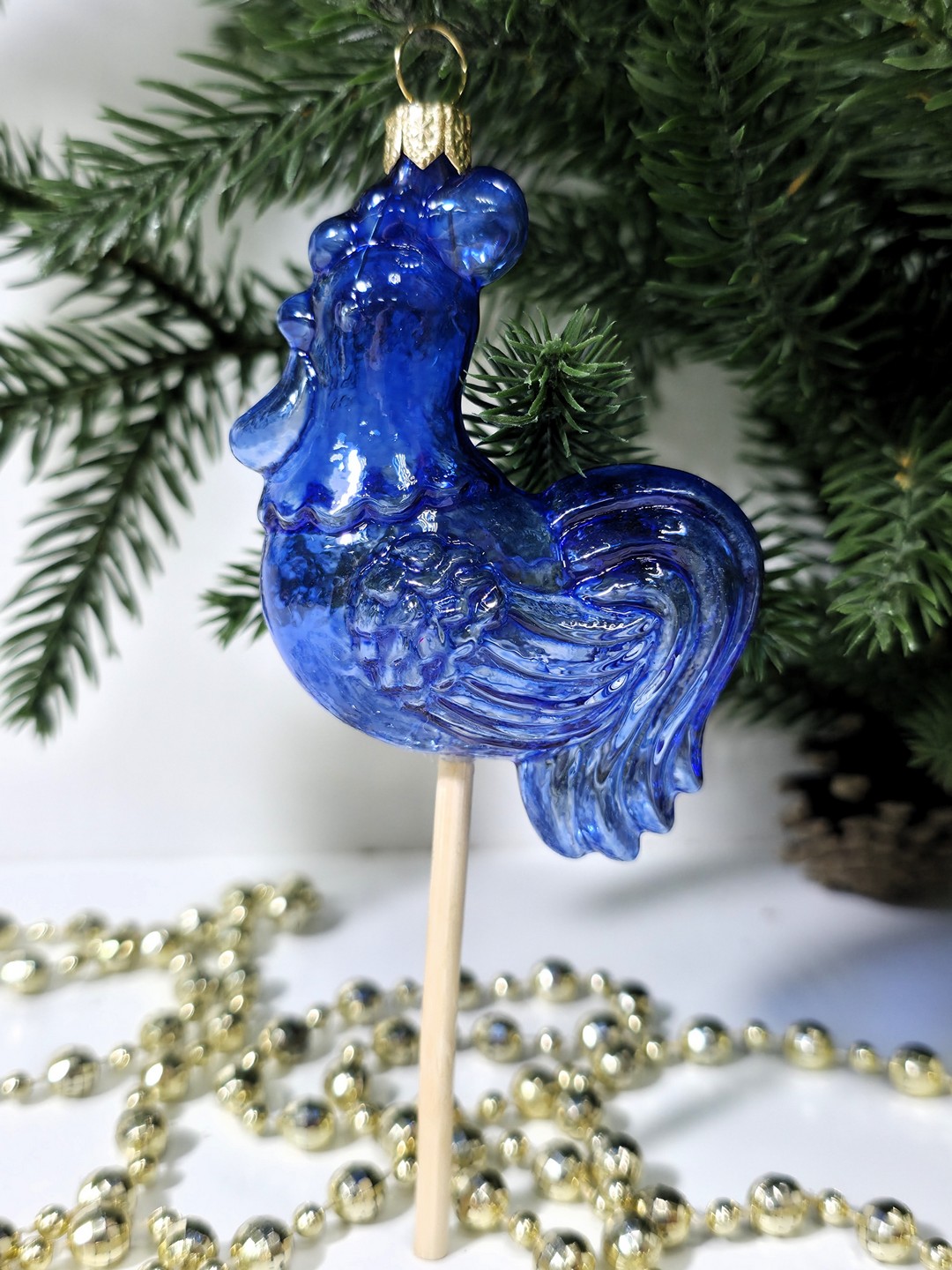 фото Стеклянная елочная игрушка Петушок на палочке