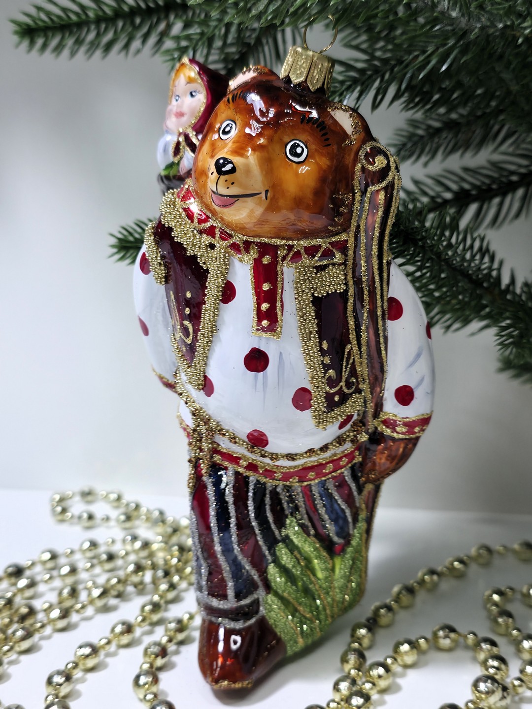 фото Стеклянная елочная игрушка Мишка с девочкой