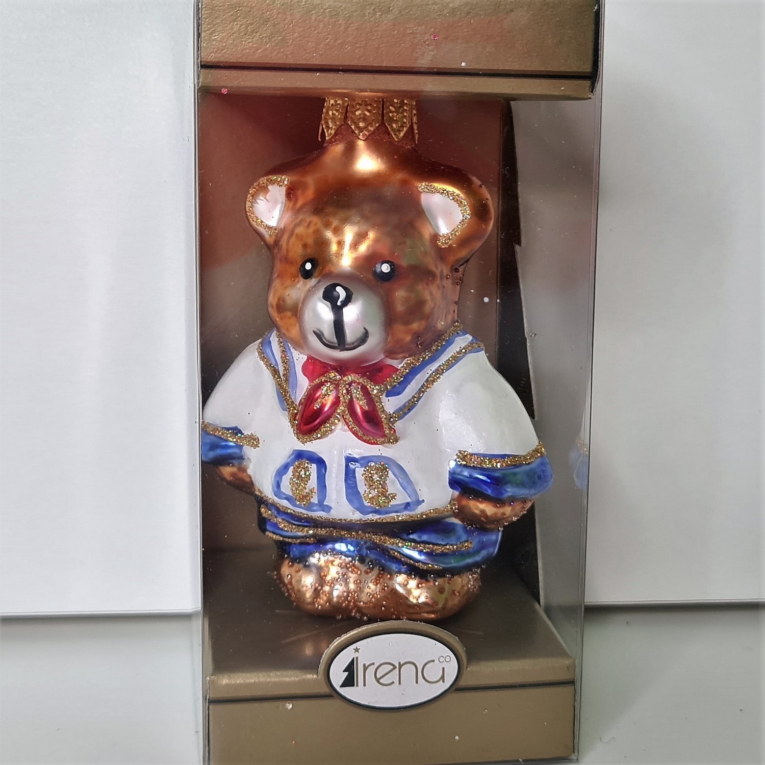 фото Стеклянная елочная игрушка Мишка морячок коричневый