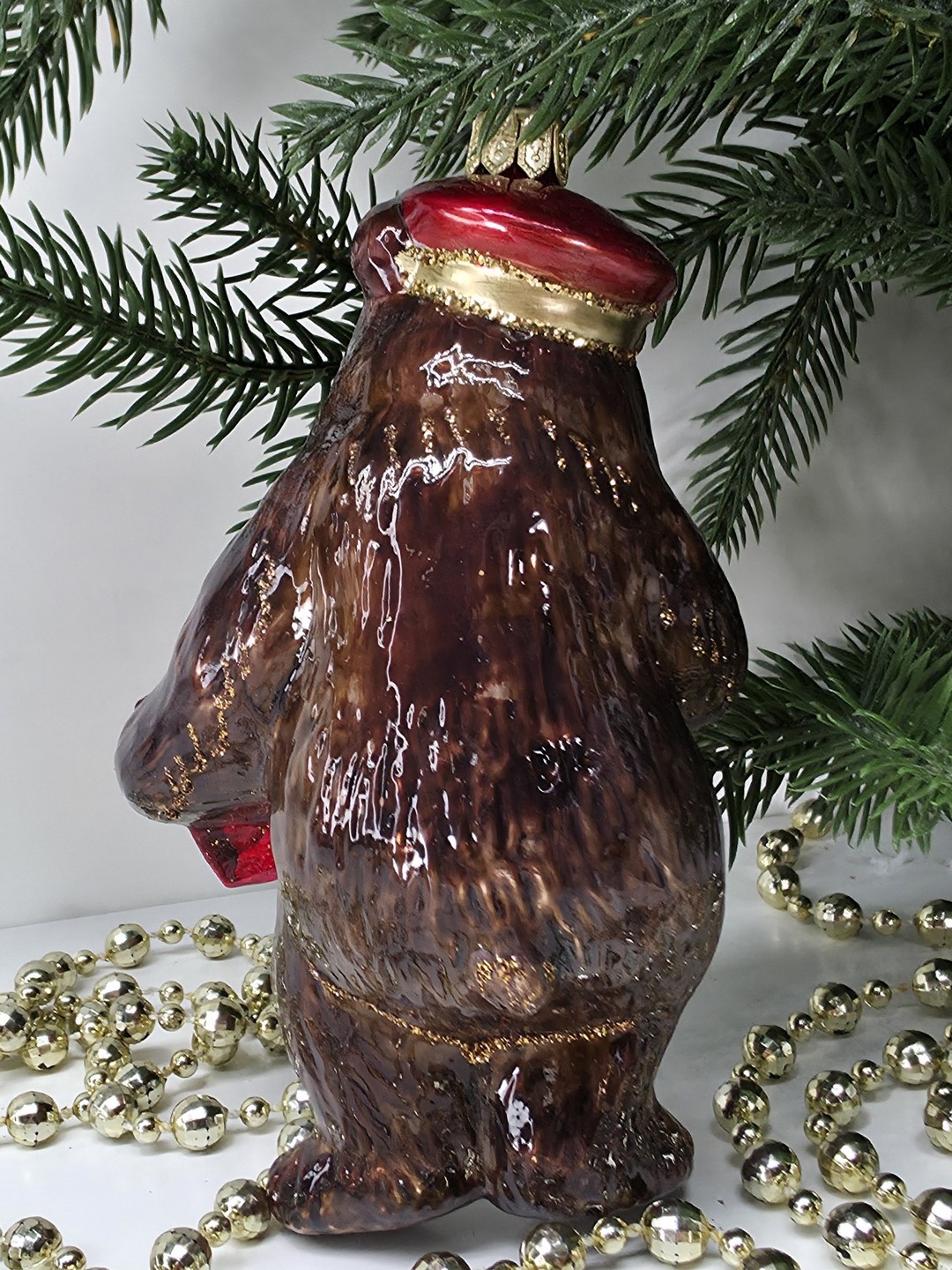 фото Стеклянная елочная игрушка Мишка с гармошкой