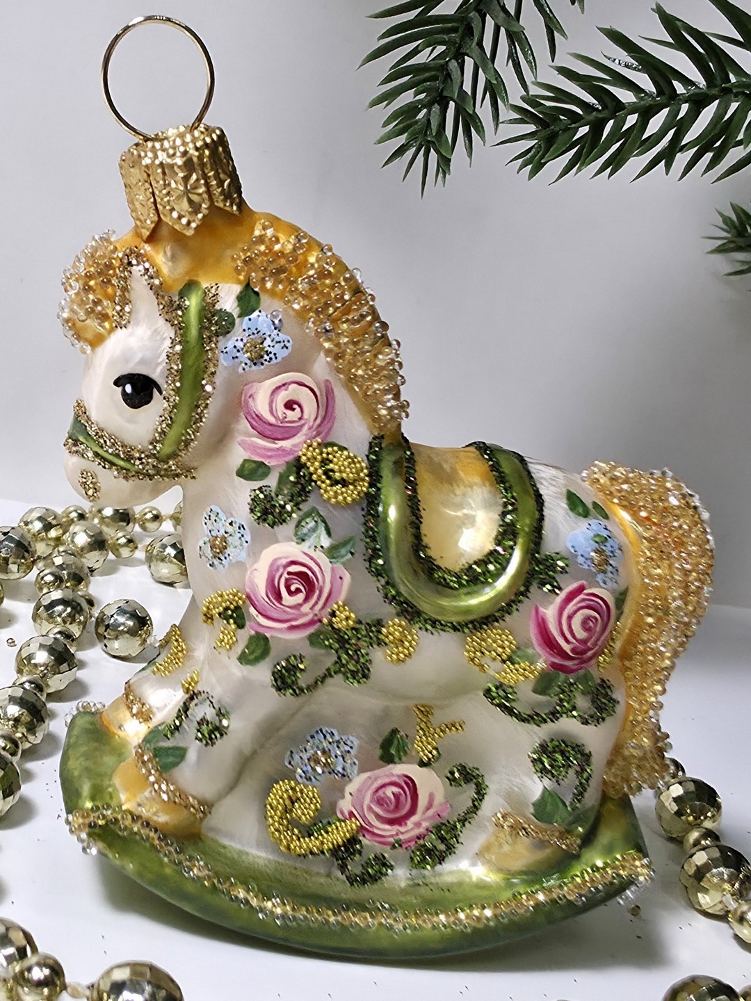 фото Стеклянная елочная игрушка Лошадка качалка Версаль