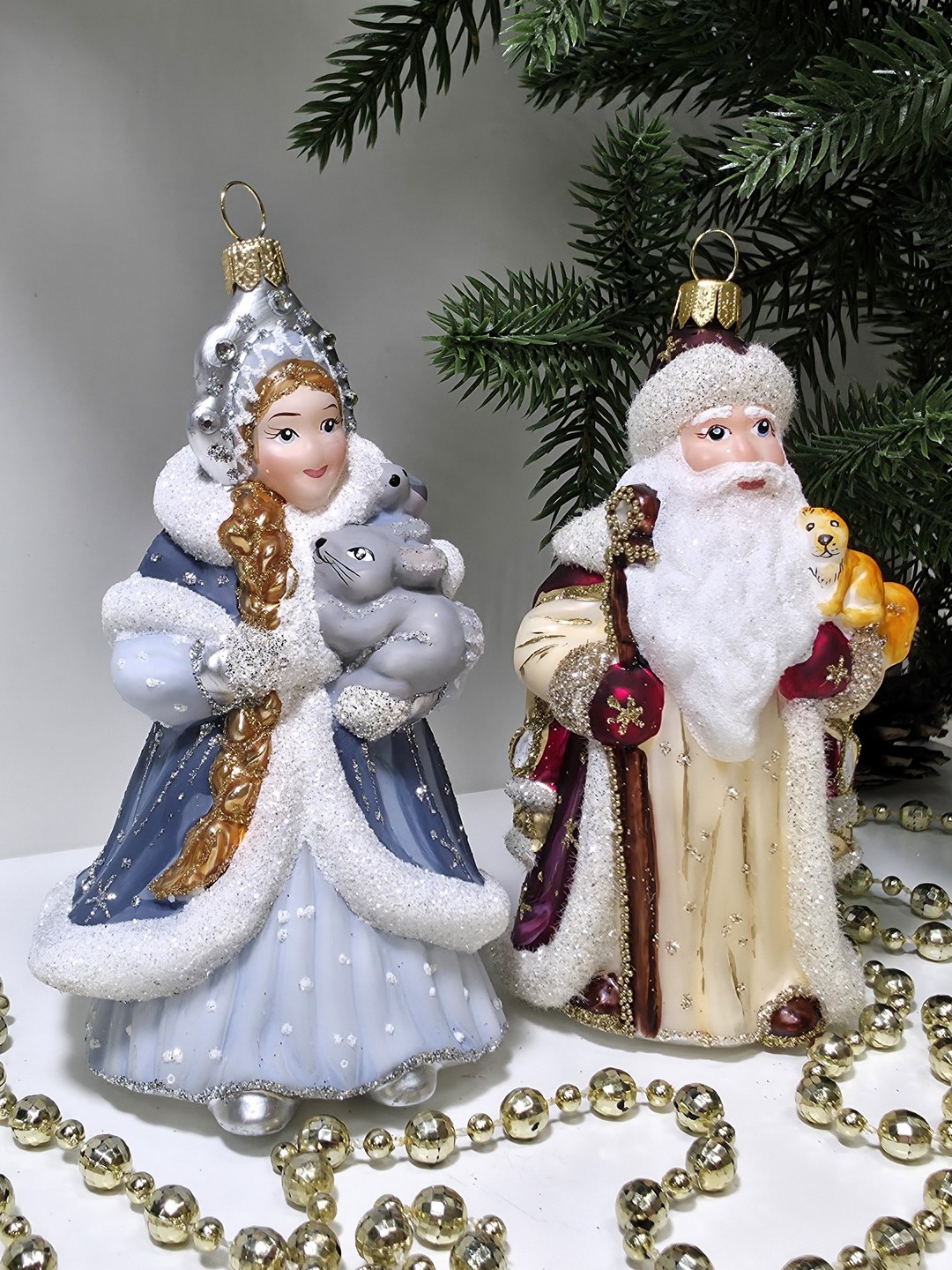 фото Набор ёлочных игрушек Дед Мороз с белкой и Снегурочка с зайцем