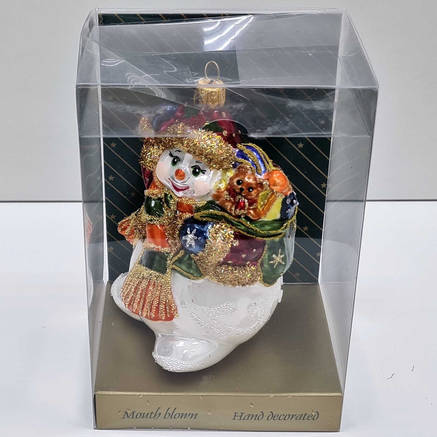 фото Стеклянная елочная игрушка Снеговик с подарками