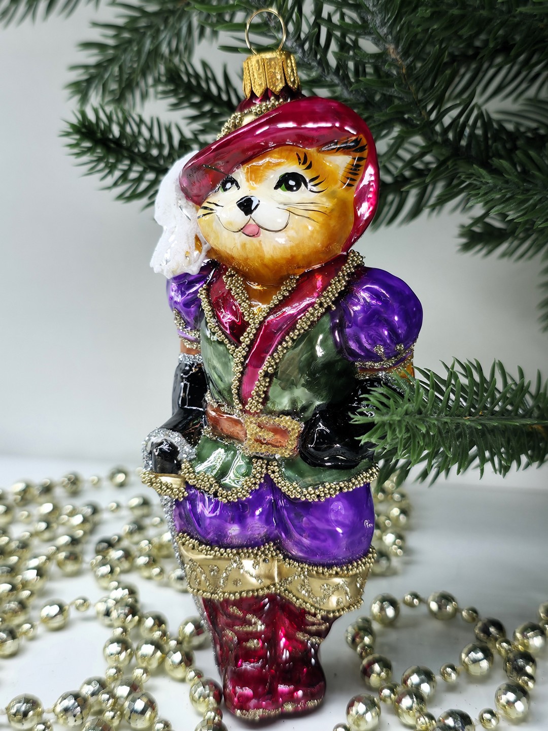 фото Стеклянная елочная игрушка Кот в сапогах рыжий