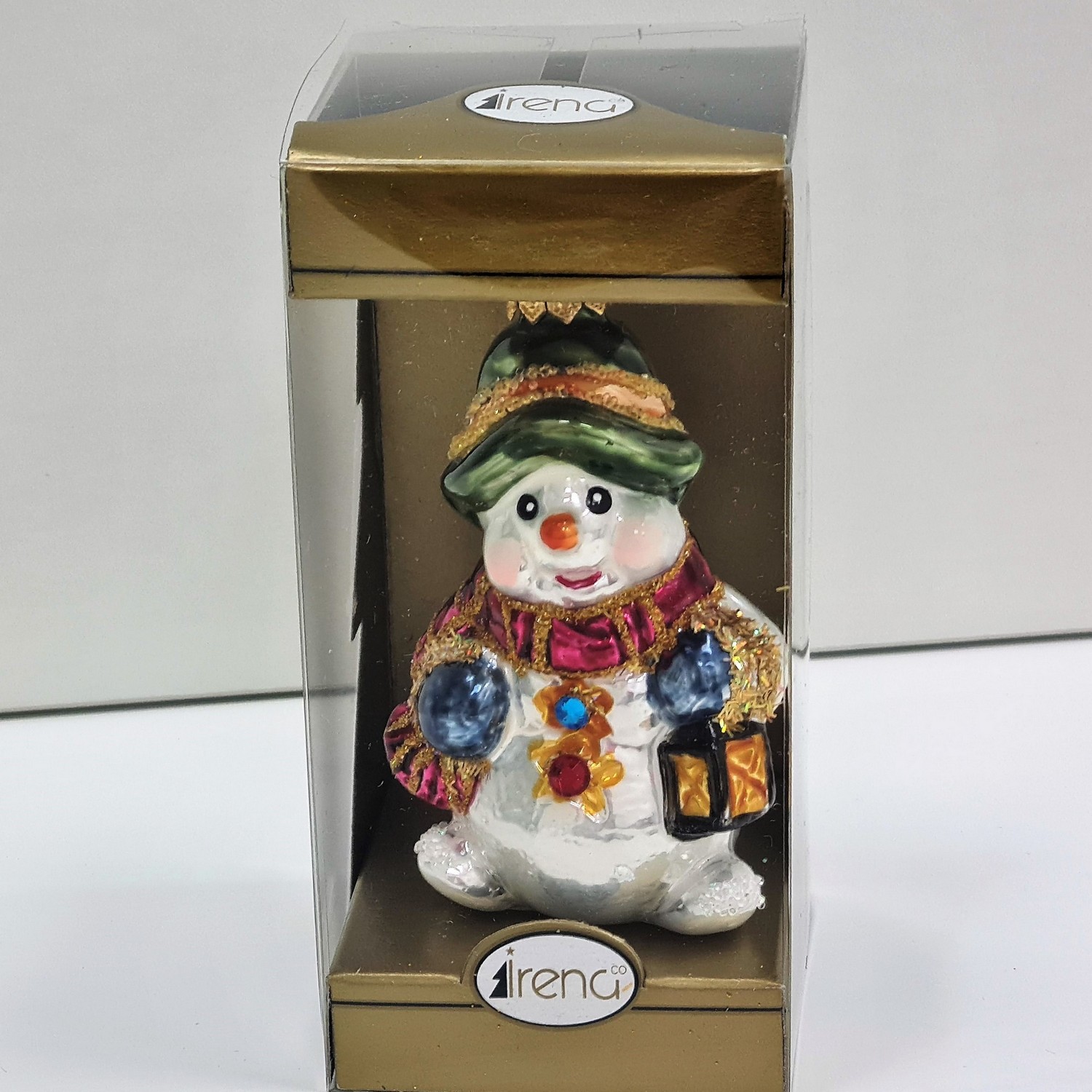 фото Стеклянная елочная игрушка Снеговик с фонариком
