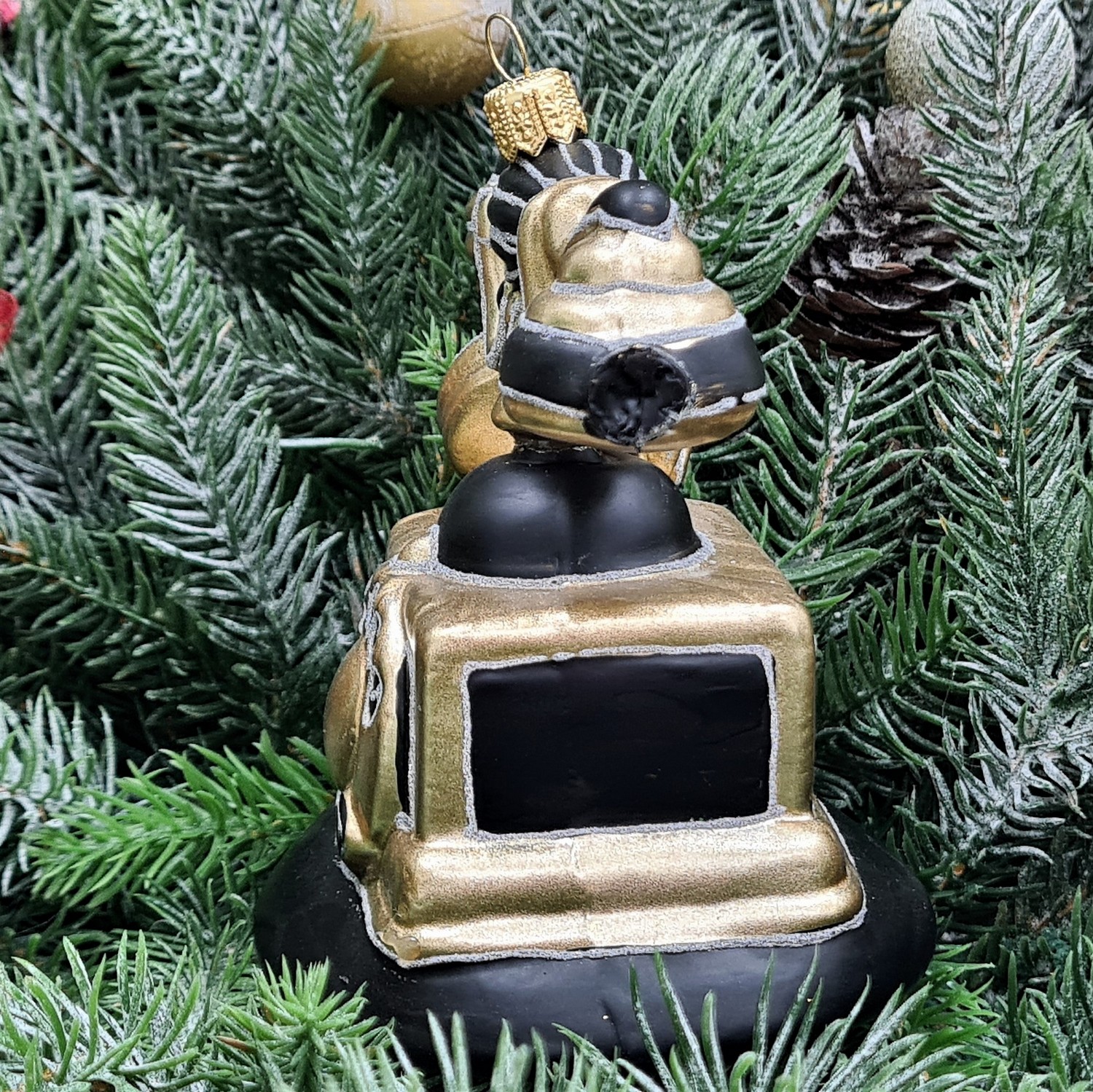 фото Стеклянная елочная игрушка Ретро телефон черный с золотом