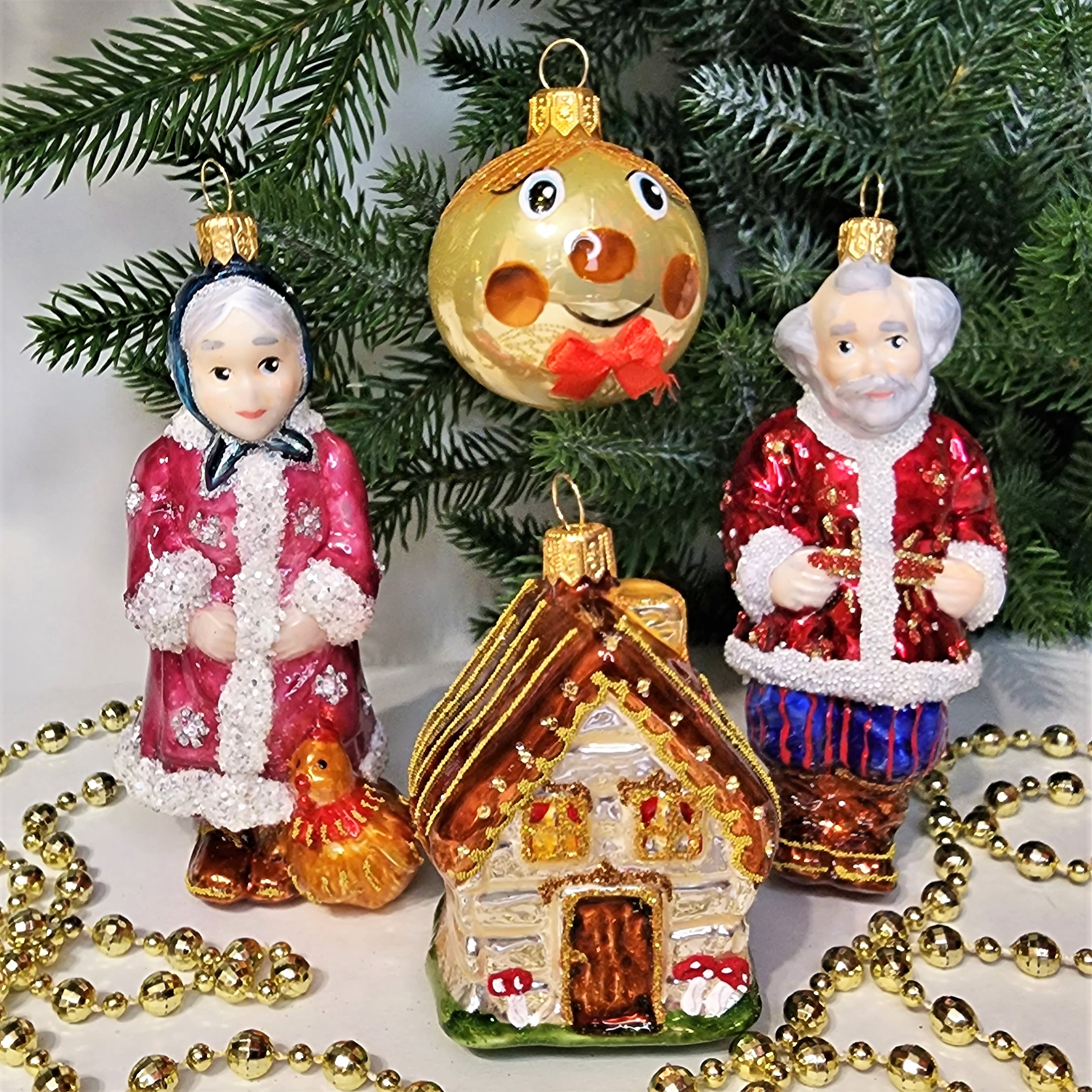фото Набор ёлочных игрушек Дед, бабка, колобок и домик
