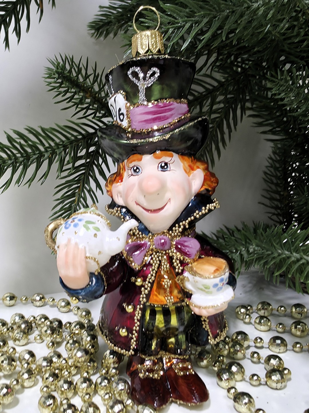 фото Стеклянная елочная игрушка Шляпник с чайником