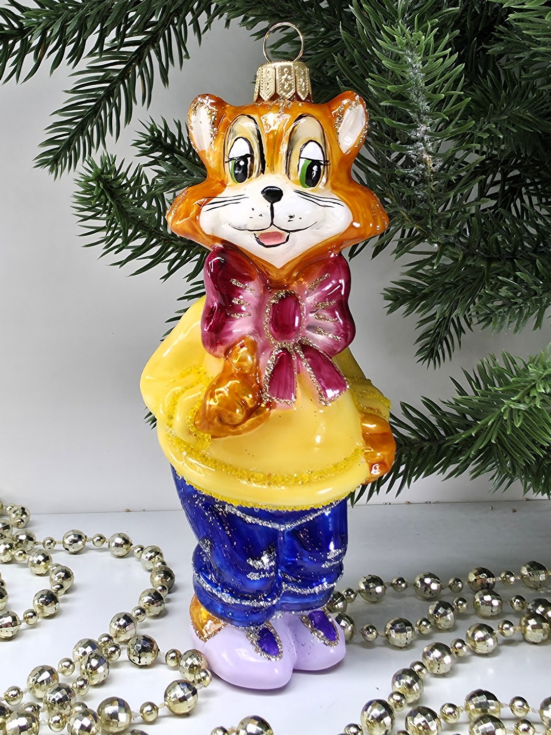 фото Стеклянная елочная игрушка Кот с бантом