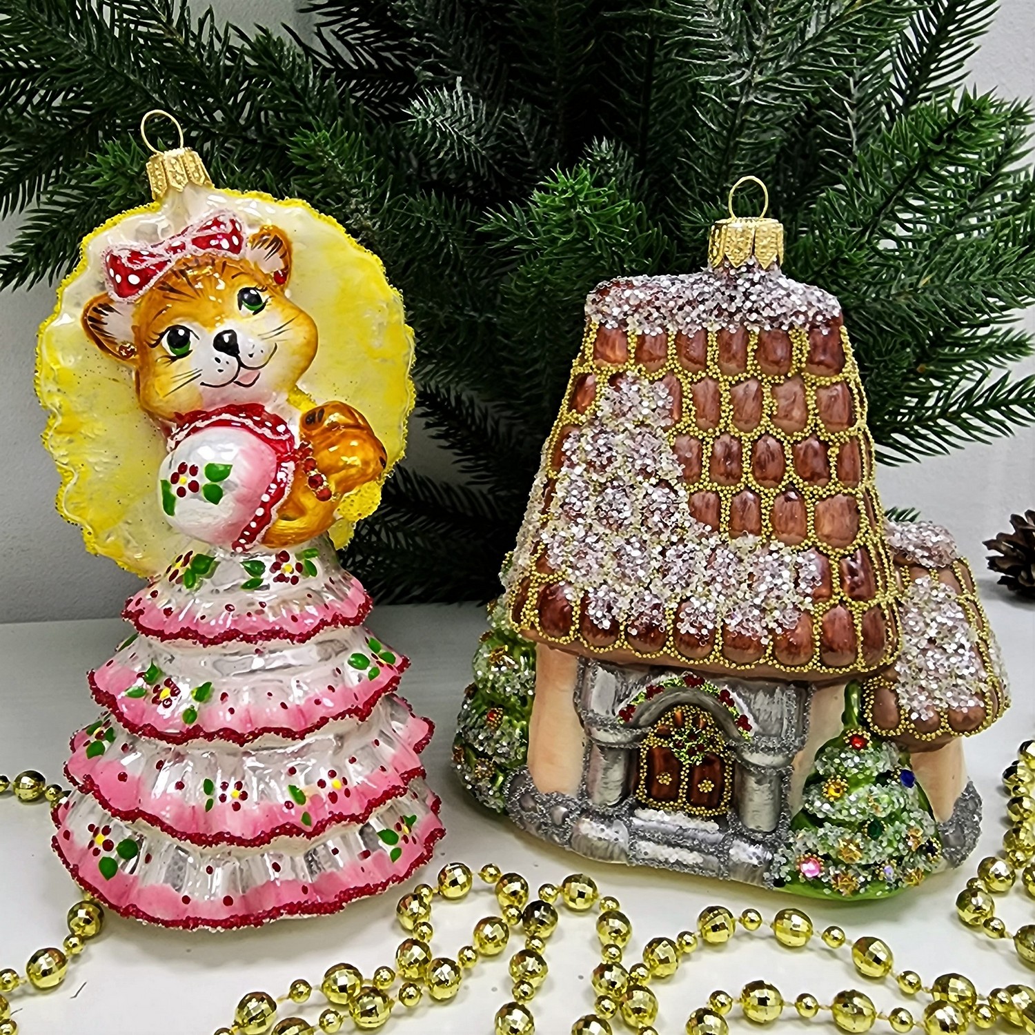 фото Набор ёлочных игрушек Дом и Кошка с зонтиком желтая