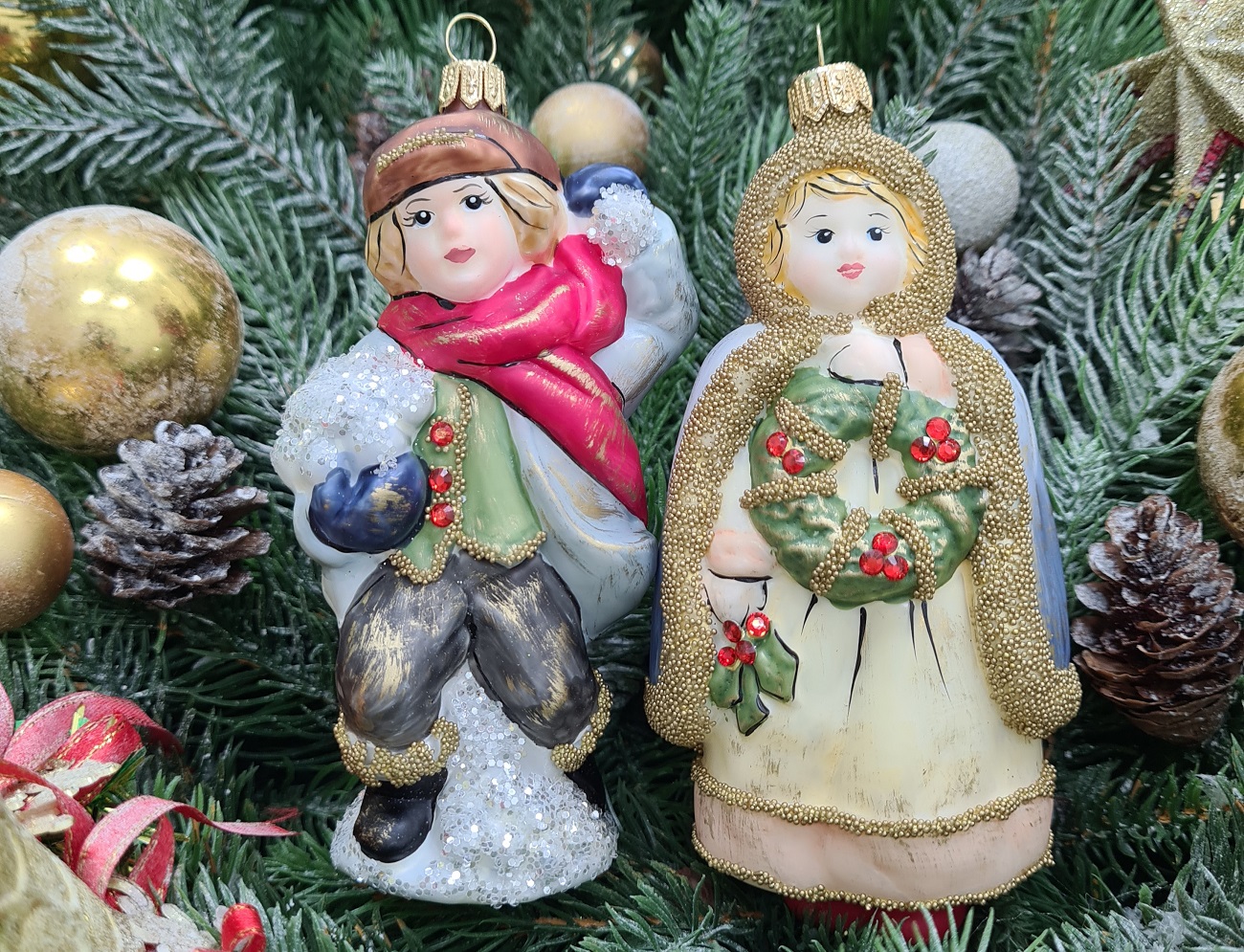 фото Набор ёлочных игрушек Девочка с веночком и мальчик со снежком винтаж