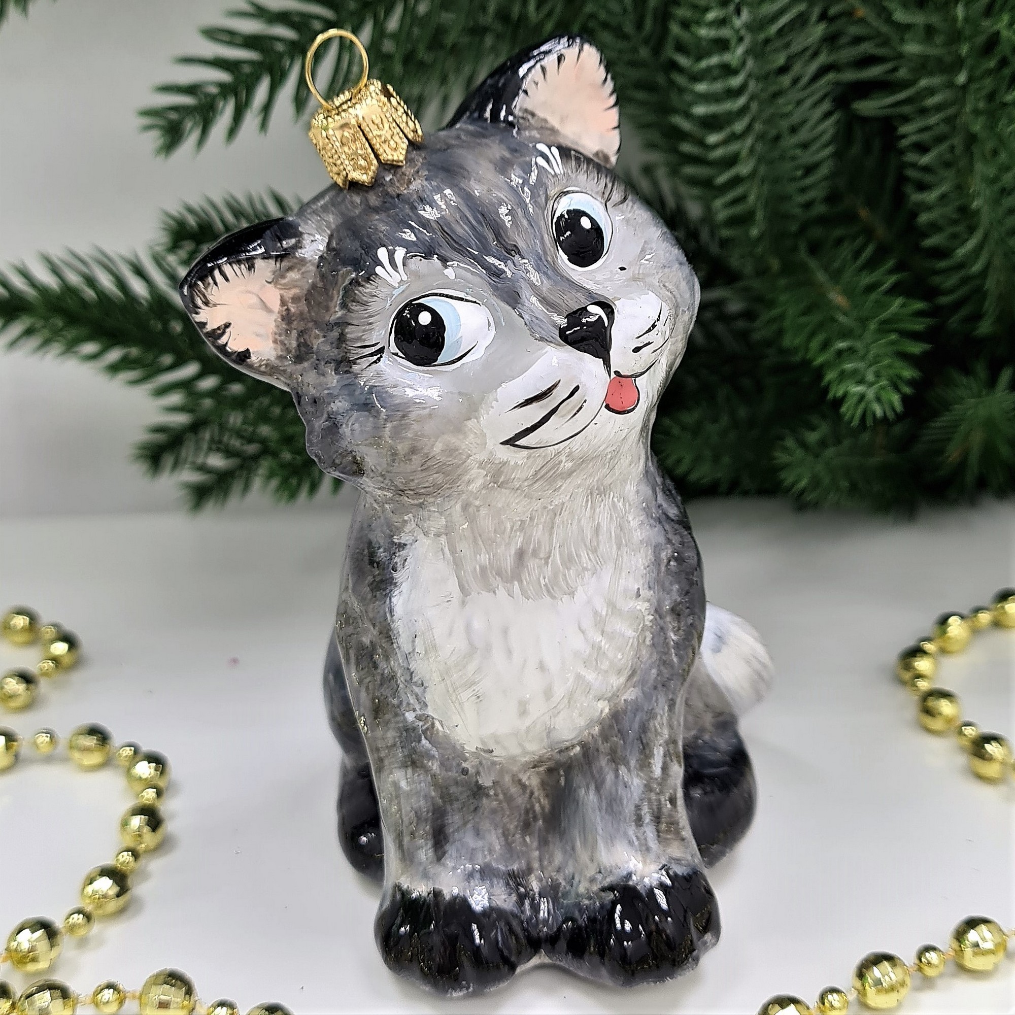 фото Стеклянная елочная игрушка Серый котик