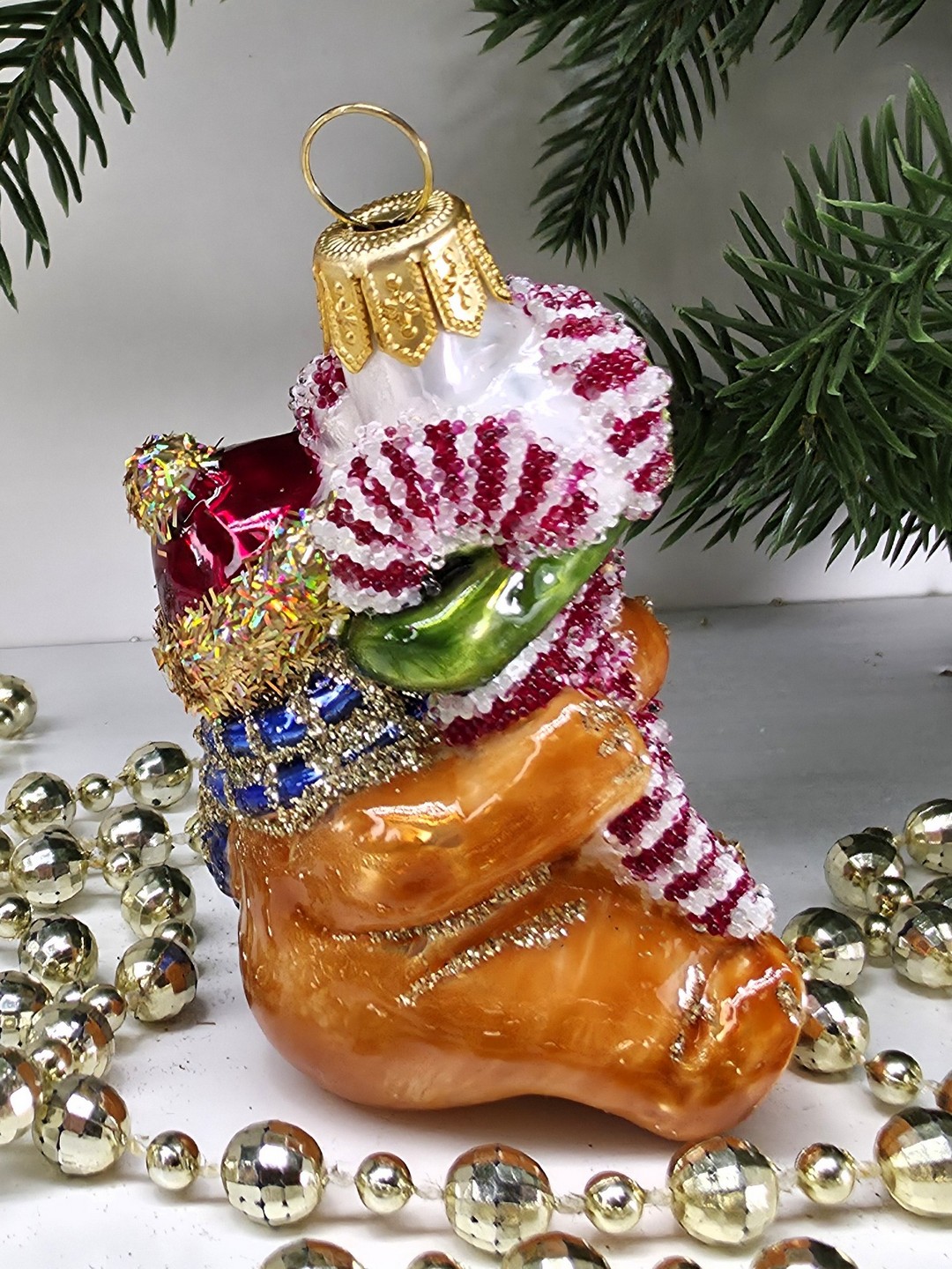 фото Стеклянная елочная игрушка Мишка с сахарной палочкой