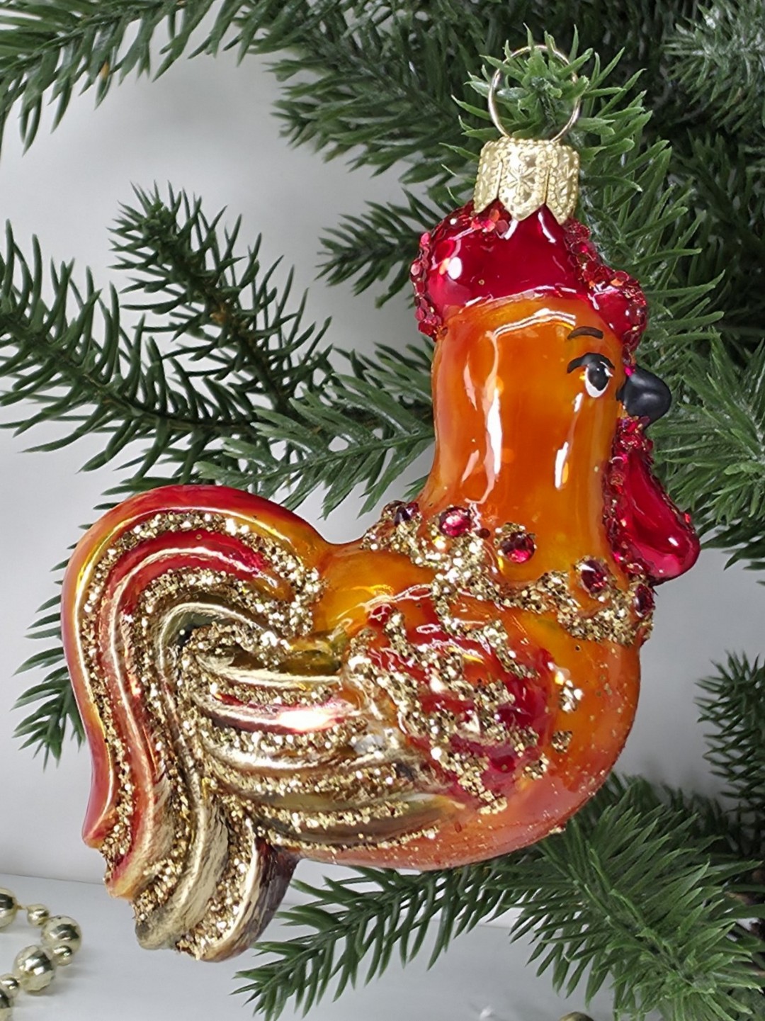 фото Стеклянная елочная игрушка Золотой петушок