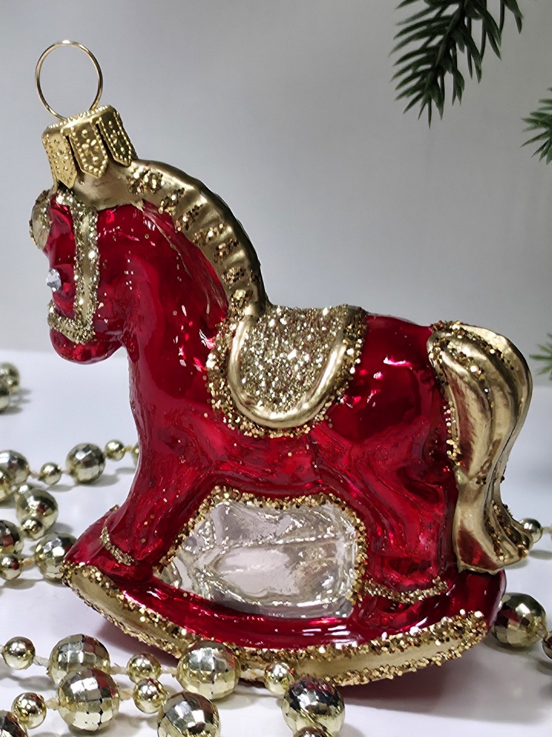 фото Стеклянная елочная игрушка Лошадка качалка