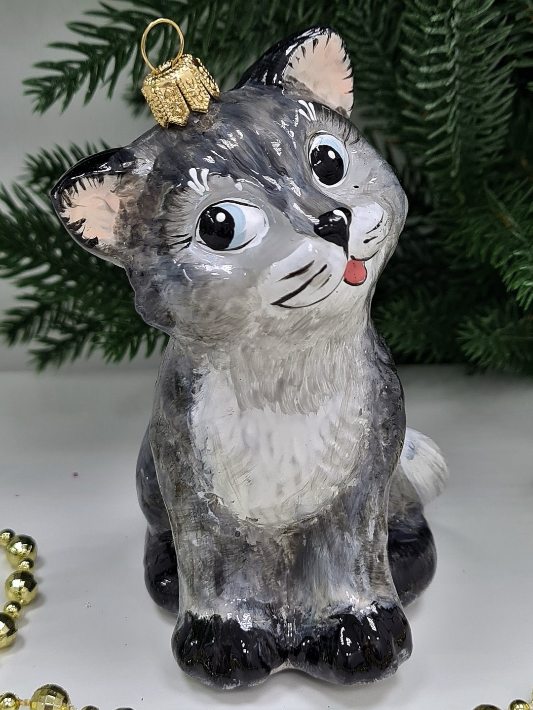 фото Стеклянная елочная игрушка Серый котик