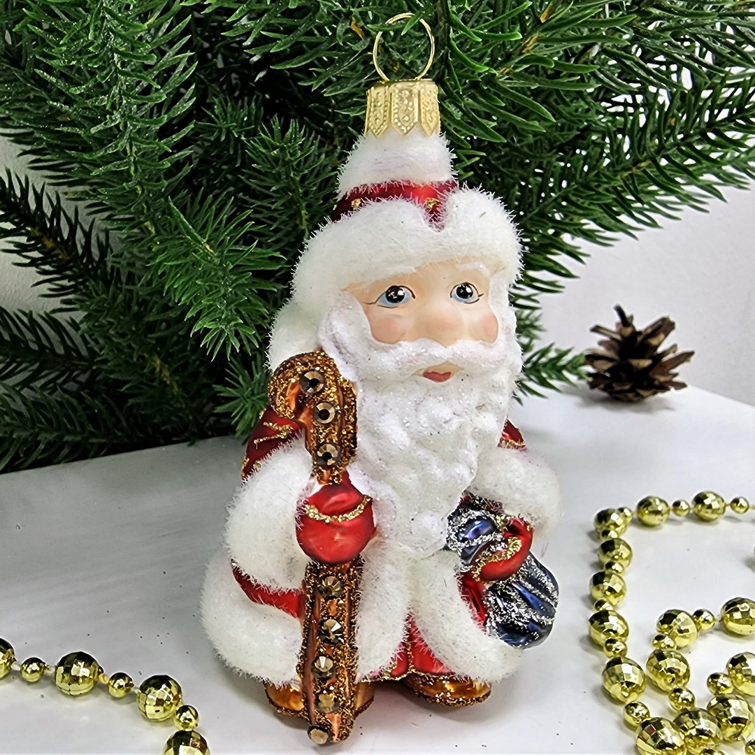 фото Стеклянная елочная игрушка Дед Мороз с посохом