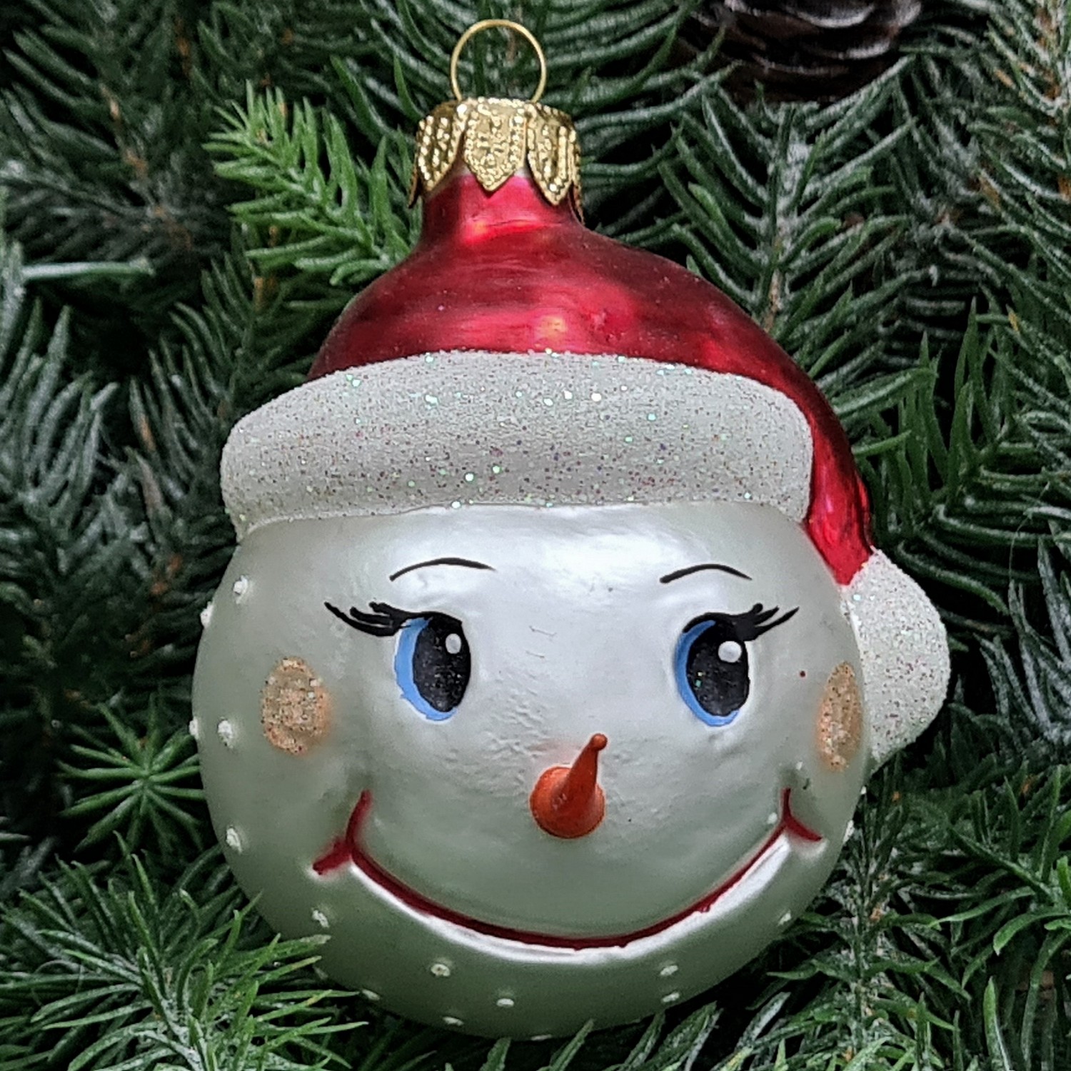 фото Стеклянная елочная игрушка Голова снеговика