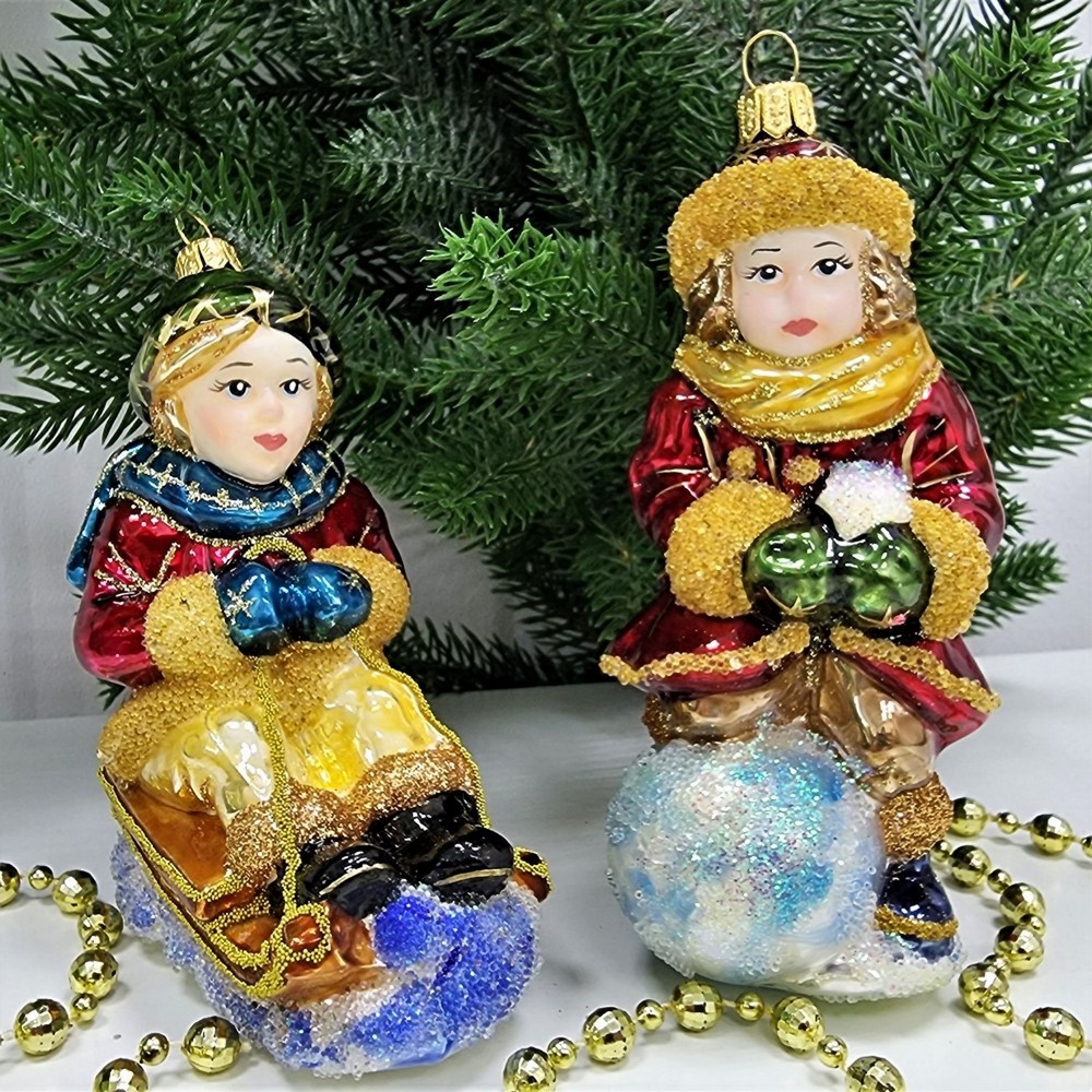 фото Набор ёлочных игрушек Девочка со снежком и мальчик на санях эмаль