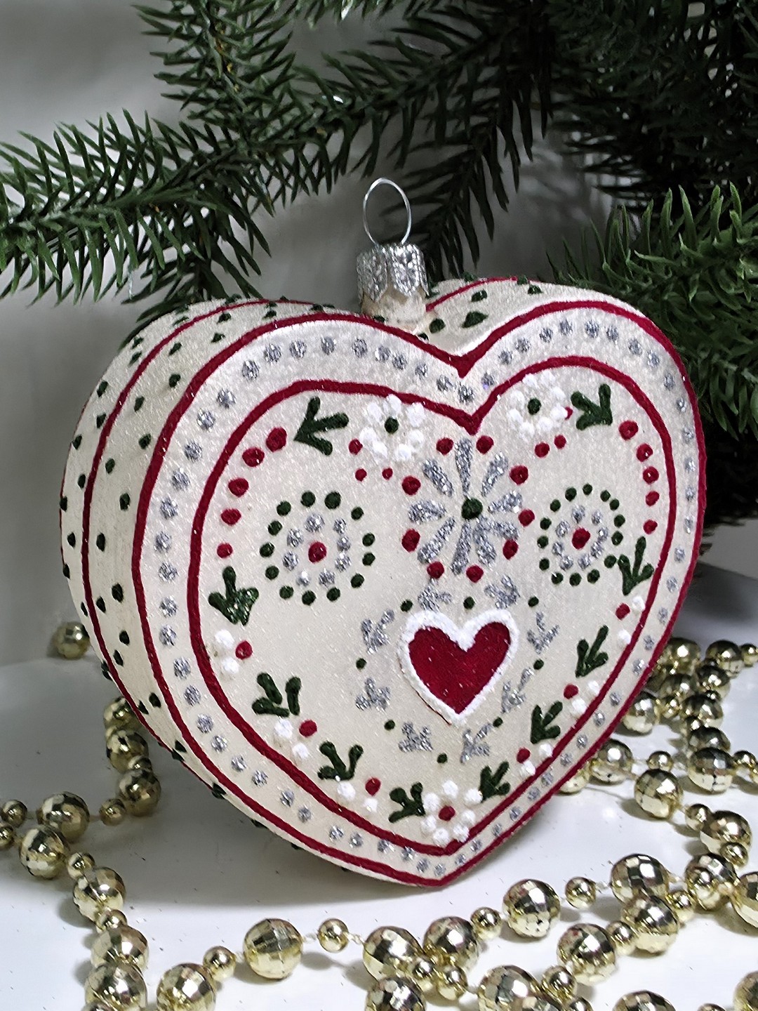 фото Стеклянная елочная игрушка Сердце пряник