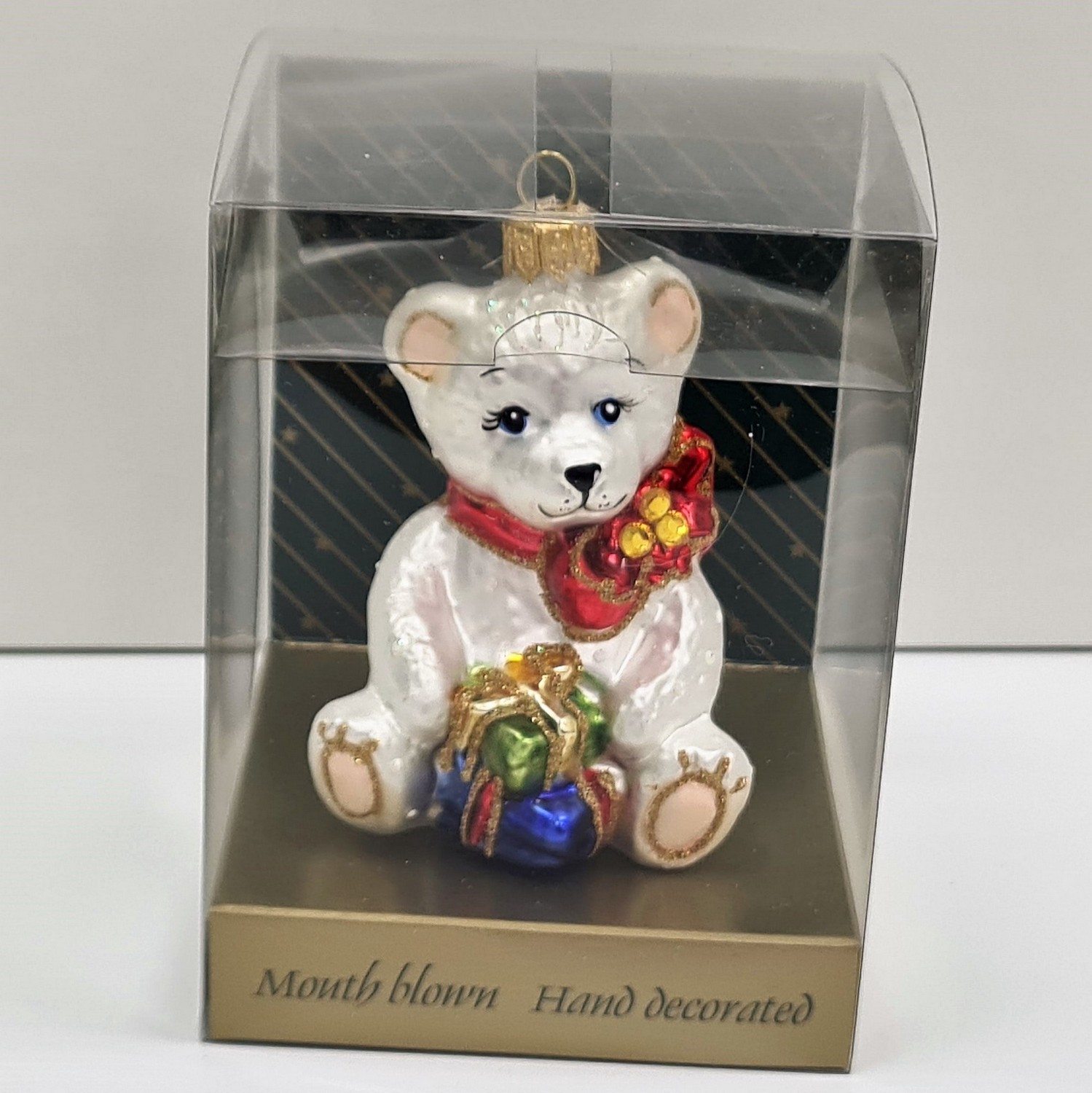 фото Стеклянная елочная игрушка Мишка с подарками