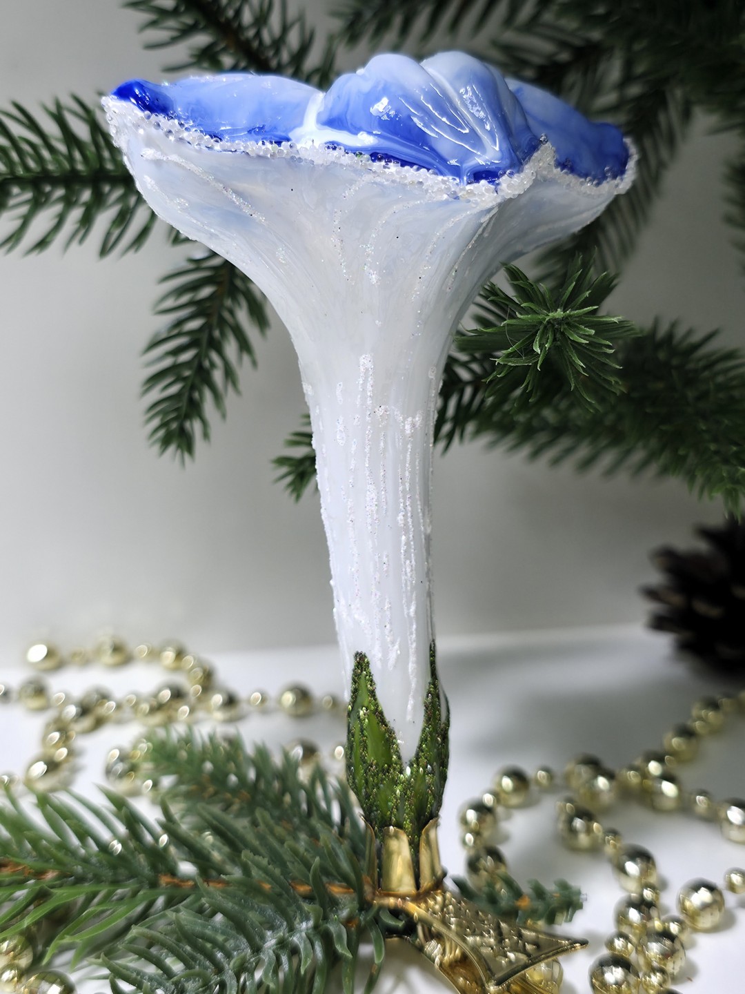 фото Стеклянная елочная игрушка Цветочек на прищепке