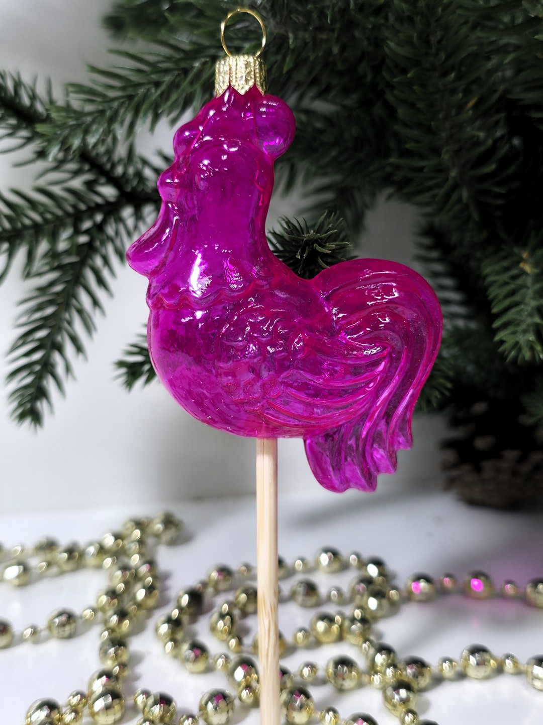 фото Стеклянная елочная игрушка Петушок на палочке