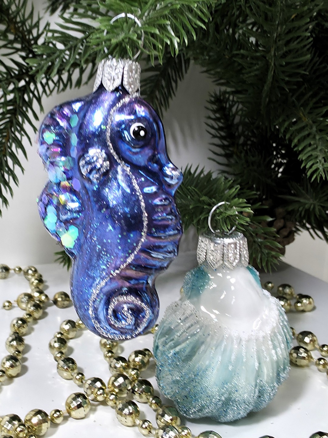 фото Набор ёлочных игрушек Морской конек и ракушка