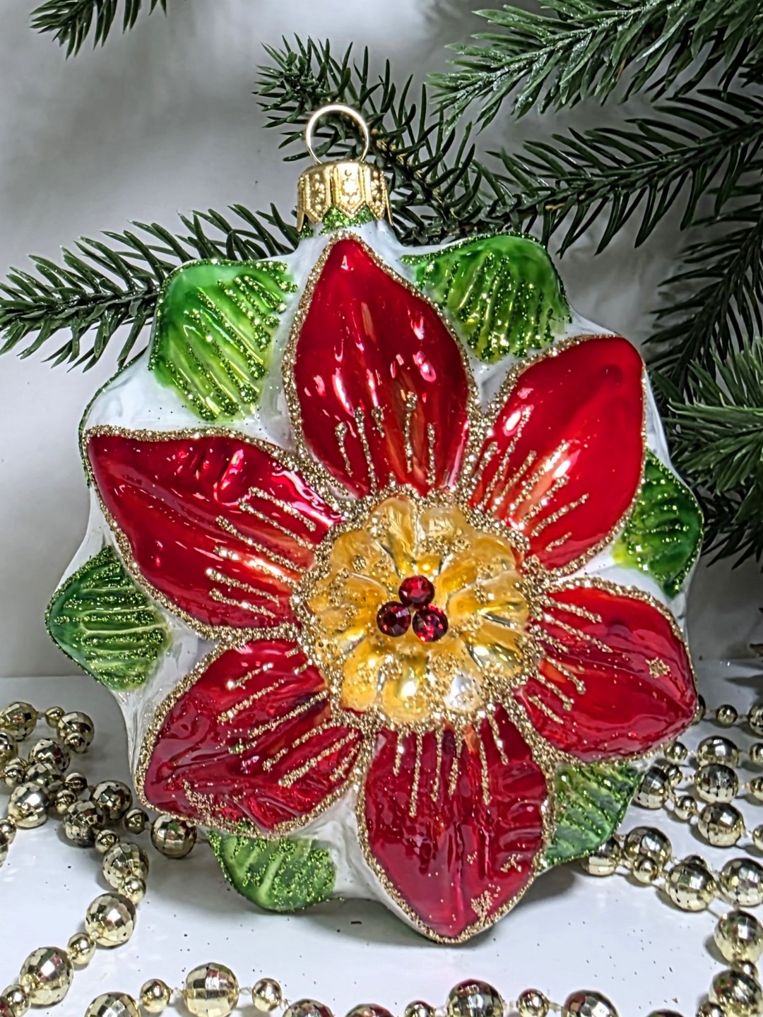 фото Стеклянная елочная игрушка Пуансетия