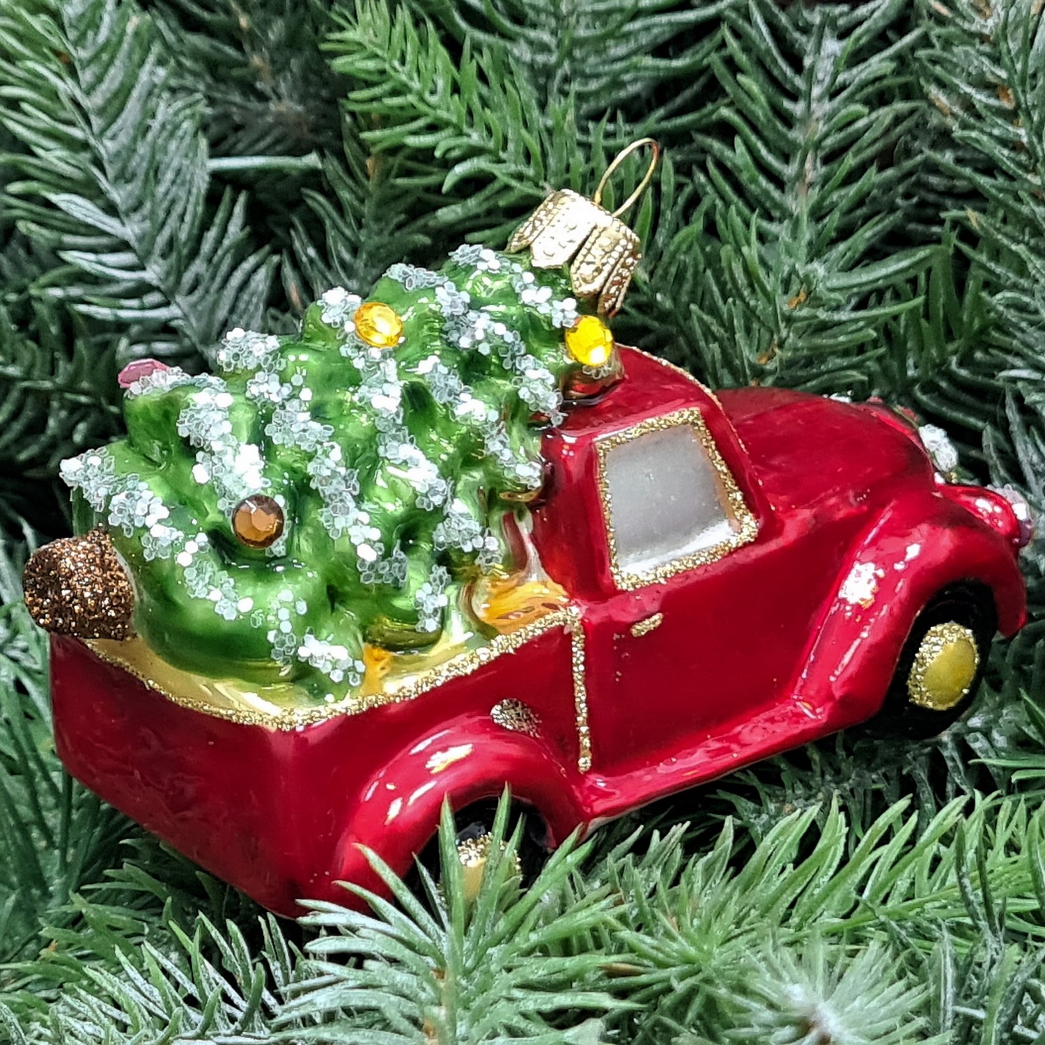 фото Стеклянная елочная игрушка Машинка с елкой