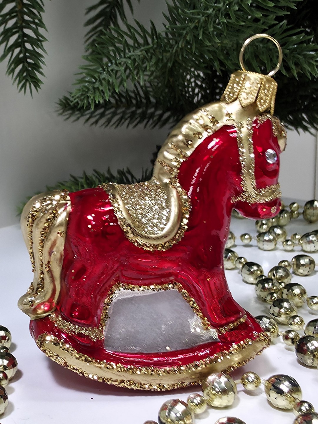 фото Стеклянная елочная игрушка Лошадка качалка
