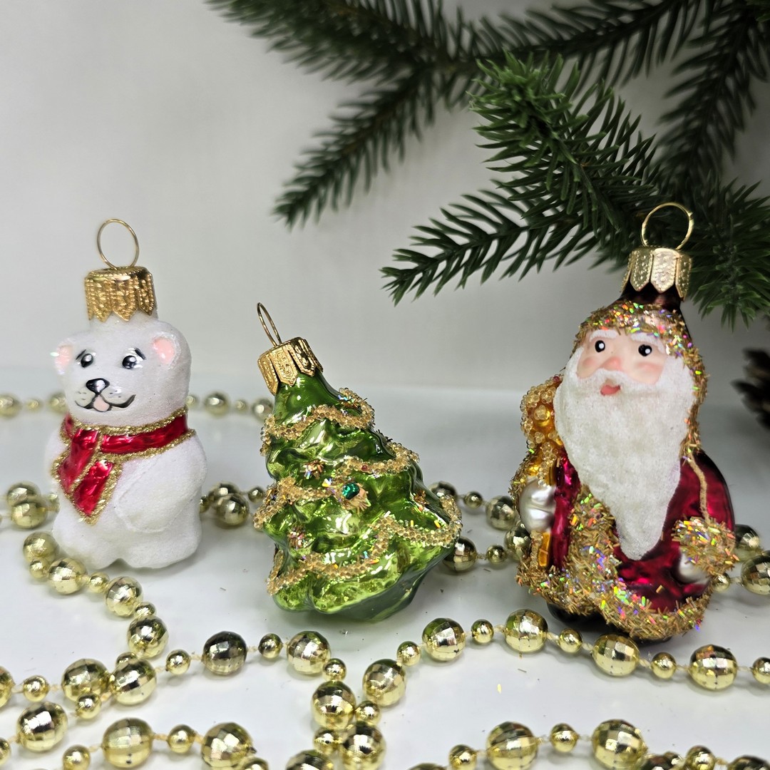 фото Набор стеклянных ёлочных игрушек Irena-Co Дед Мороз, елочка и мишка