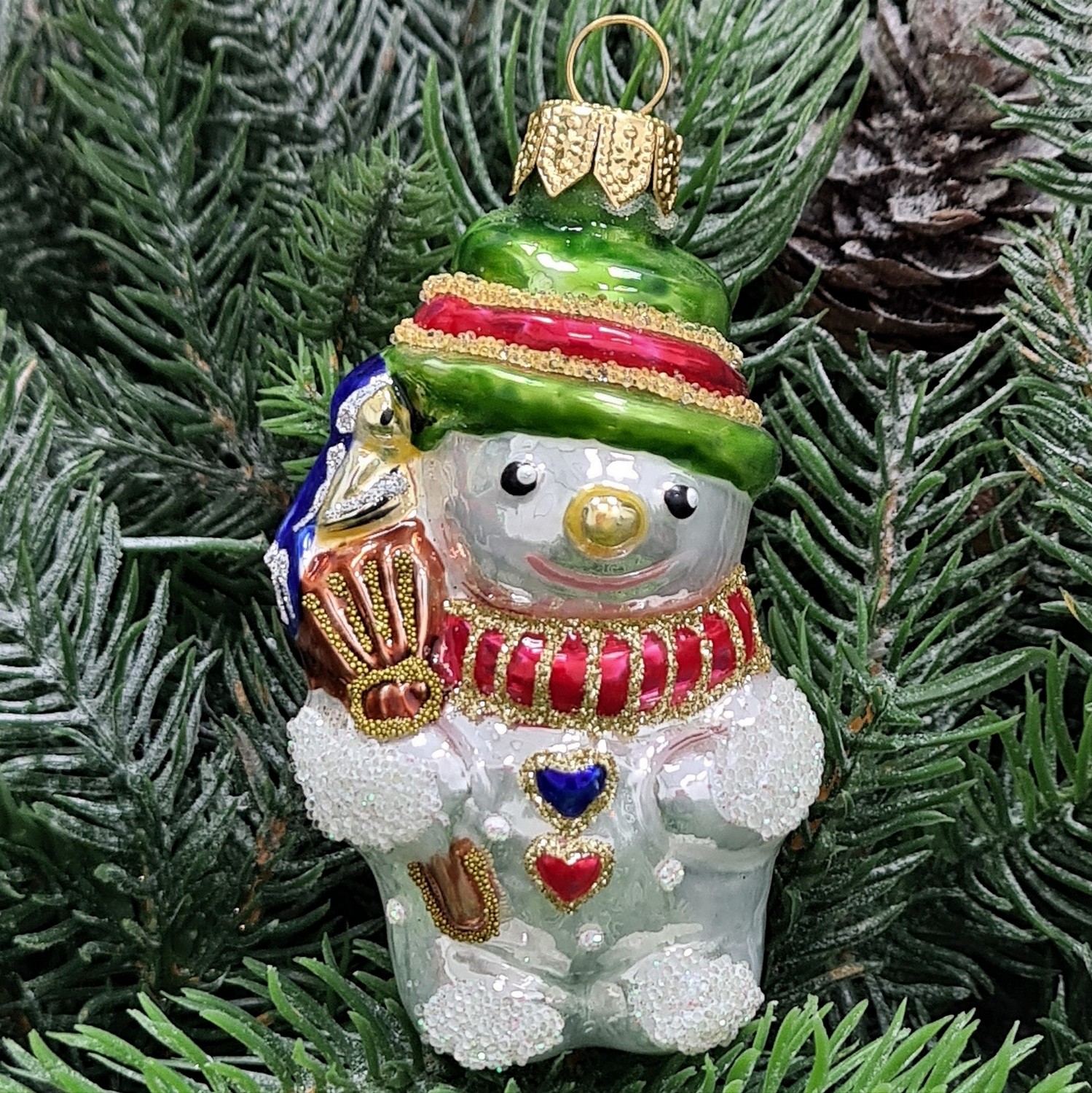 фото Стеклянная елочная игрушка Снеговик малый