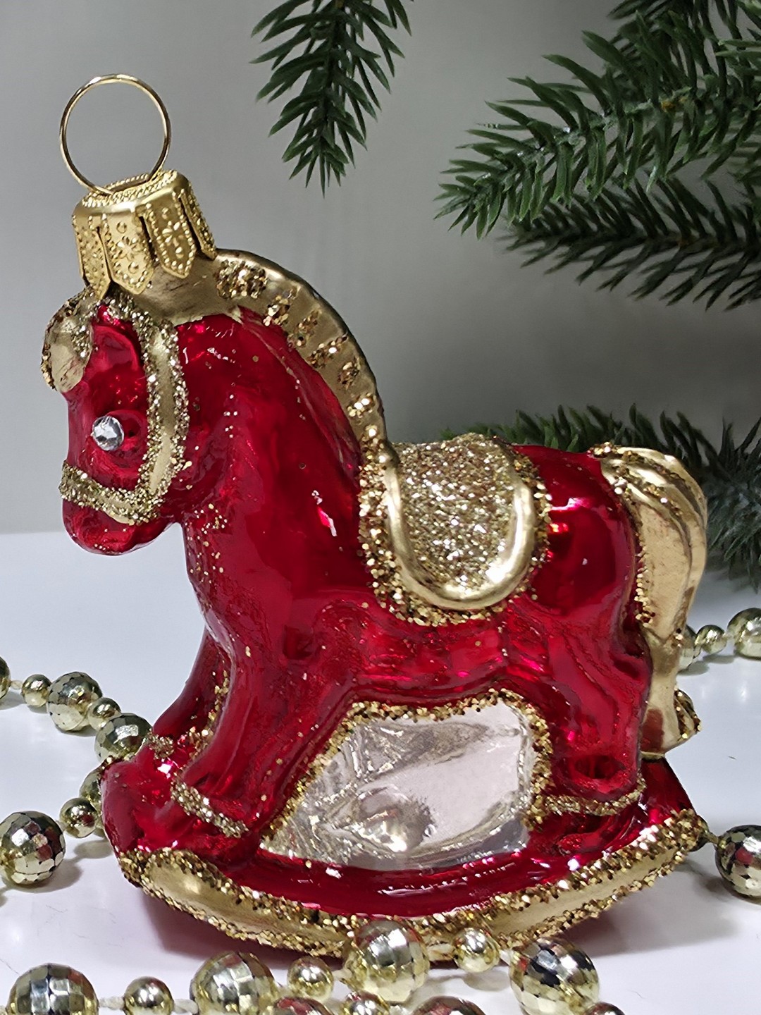 фото Стеклянная елочная игрушка Лошадка качалка