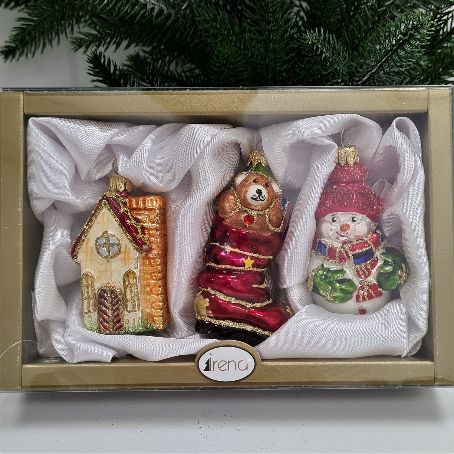 фото Набор ёлочных игрушек Ботинок с подарками, снеговик и домик