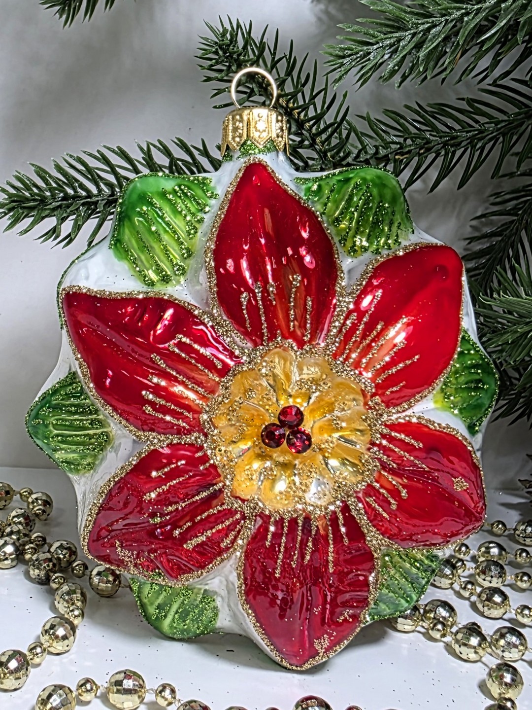 фото Стеклянная елочная игрушка Пуансетия