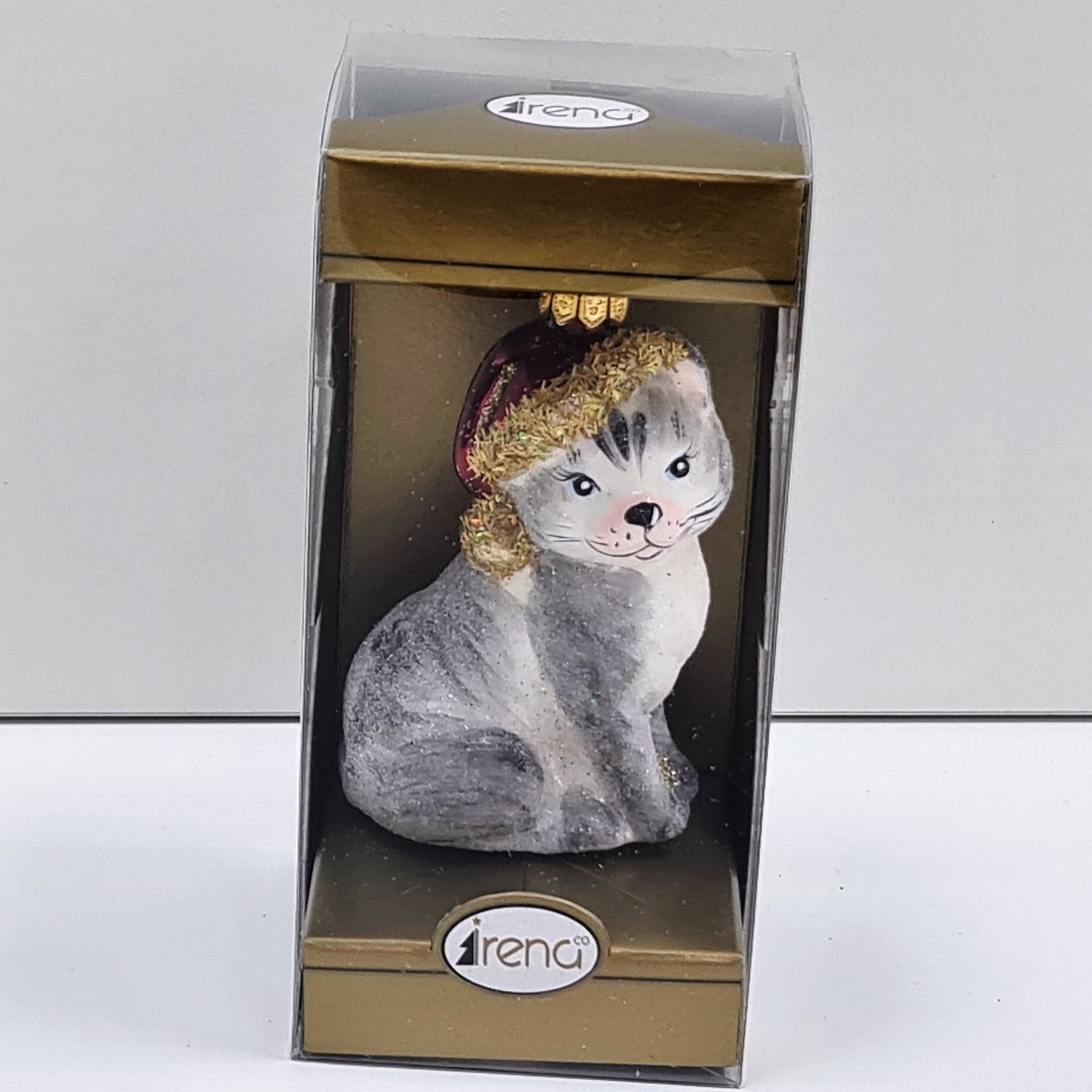 фото Стеклянная елочная игрушка Котик в шапке серый