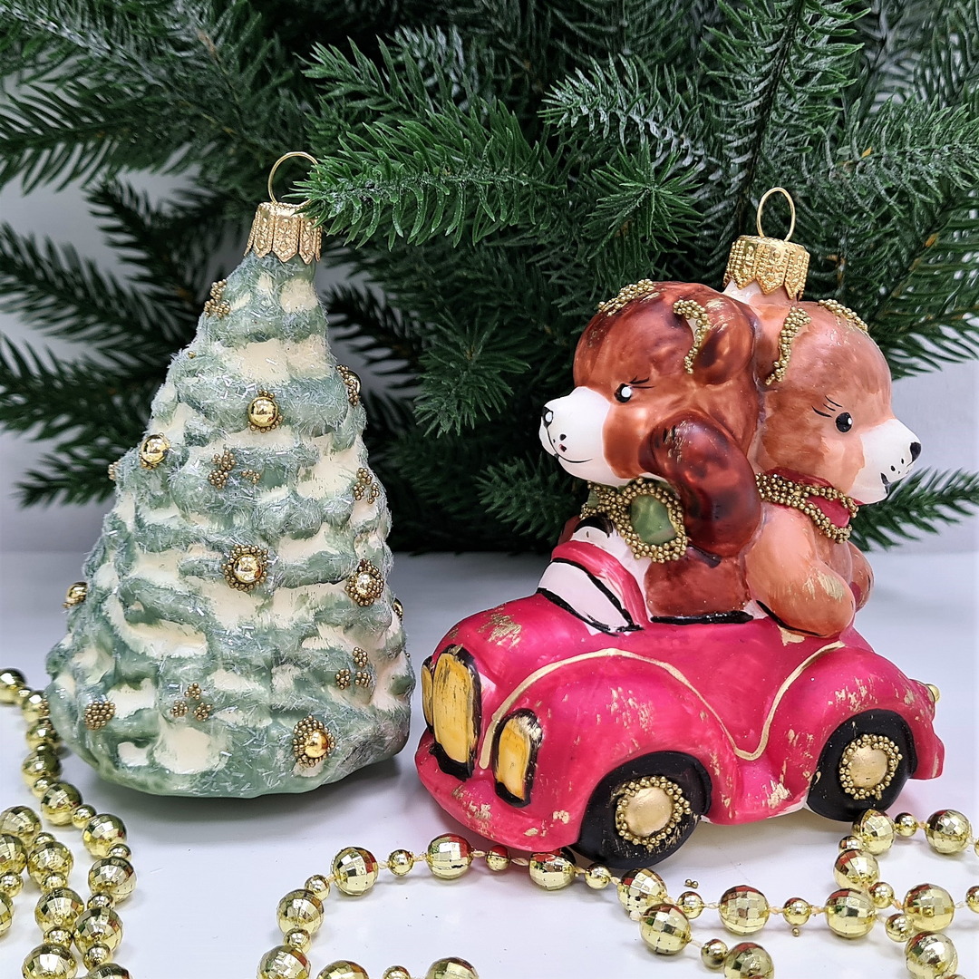 фото Набор ёлочных игрушек Мишки на машине и елка Винтаж