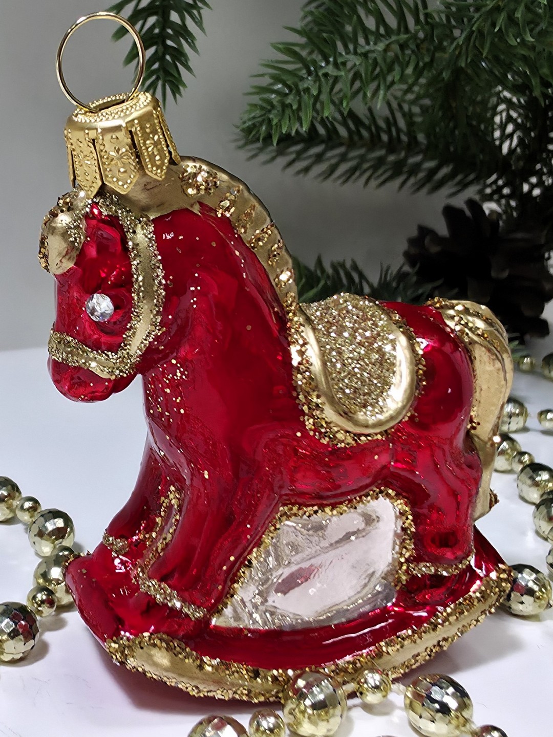 фото Стеклянная елочная игрушка Лошадка качалка