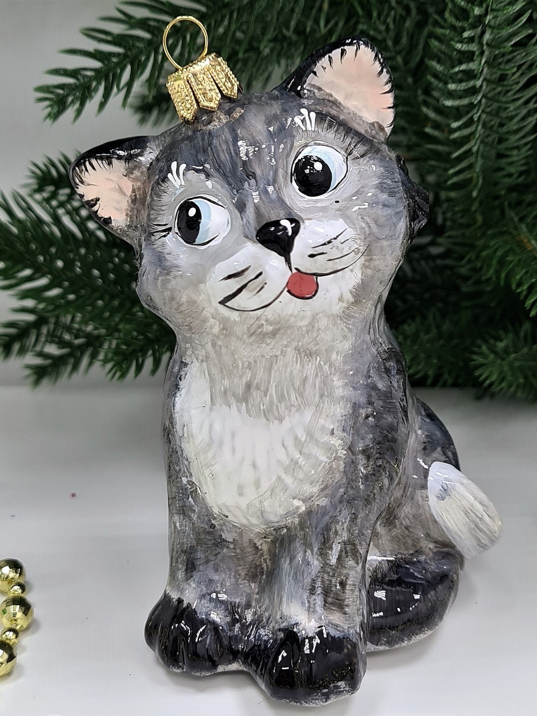 фото Стеклянная елочная игрушка Серый котик