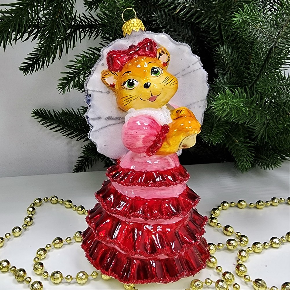 фото Стеклянная елочная игрушка Кошка с зонтиком красная глянец