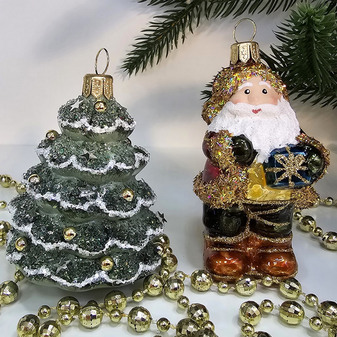 фото Набор стеклянных ёлочных игрушек Irena-Co Дед Мороз и елочка