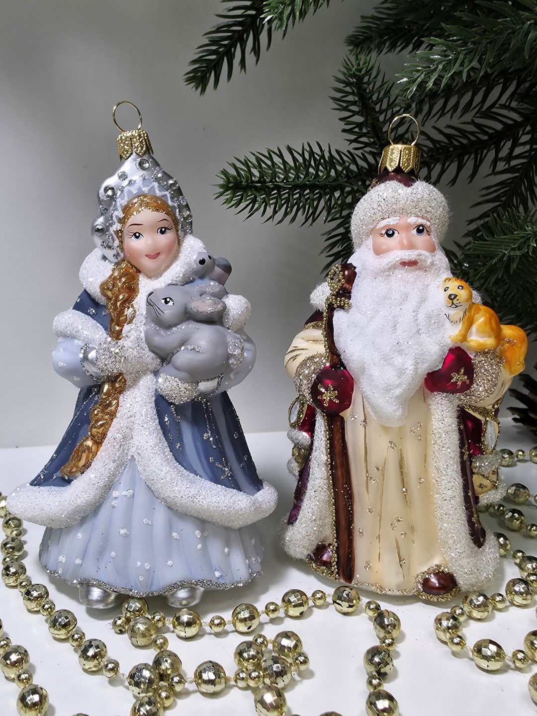 фото Набор ёлочных игрушек Дед Мороз с белкой и Снегурочка с зайцем