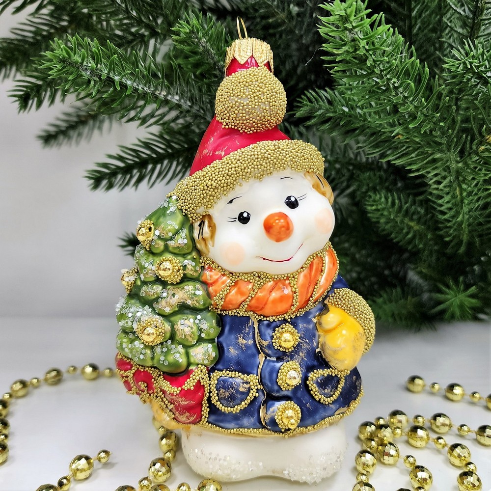 фото Стеклянная елочная игрушка Снеговик с елкой винтаж