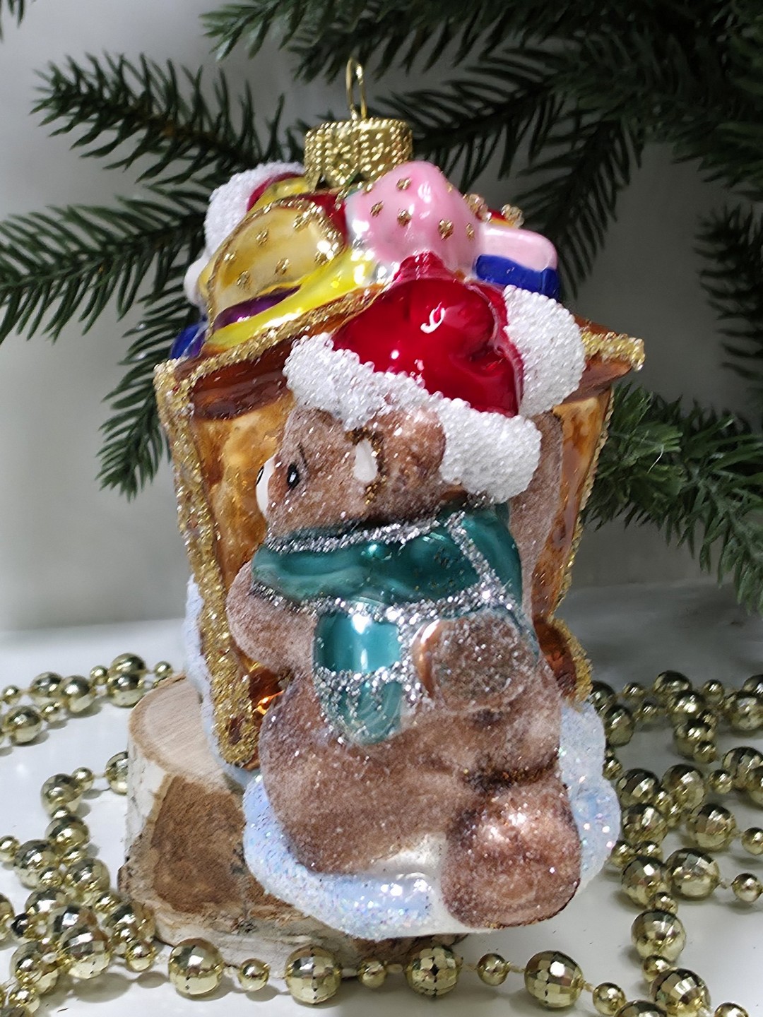 фото Стеклянная елочная игрушка Мишки тянут саночки