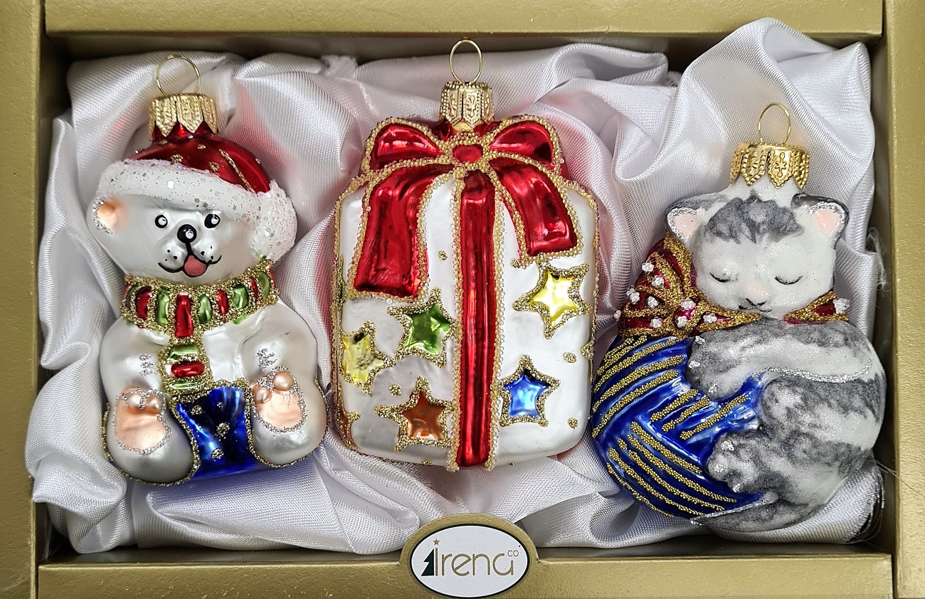 фото Набор ёлочных игрушек Котик, мишка и подарок