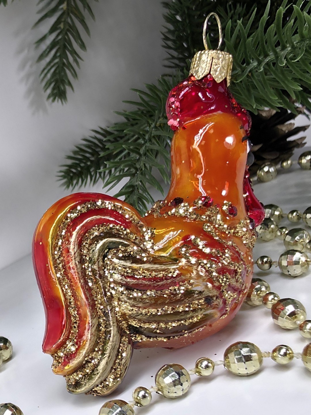 фото Стеклянная елочная игрушка Золотой петушок