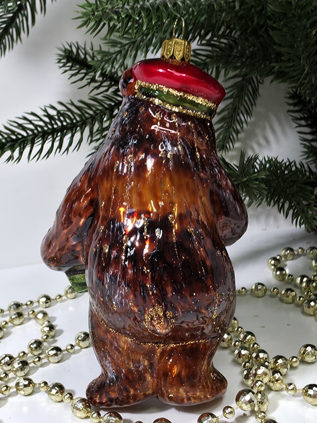 фото Стеклянная елочная игрушка Мишка с гармошкой