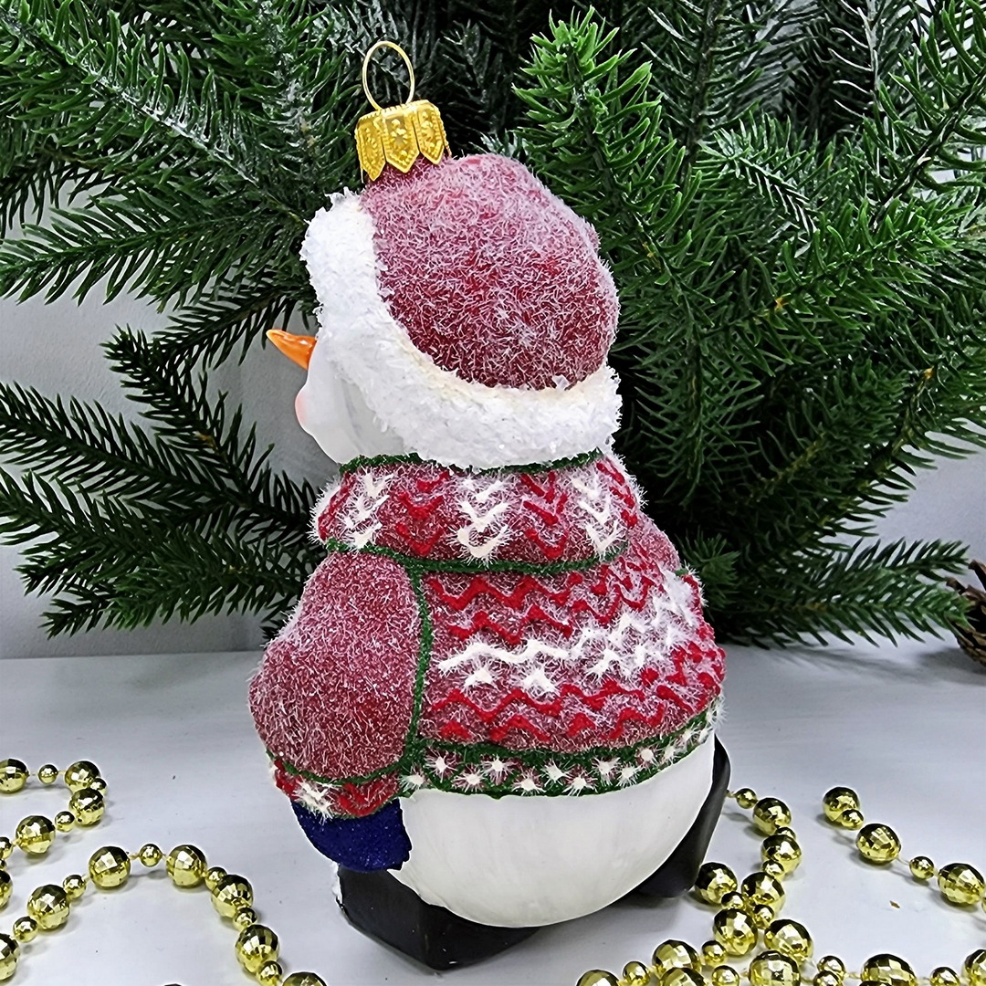 фото Стеклянная елочная игрушка Снеговик в свитере